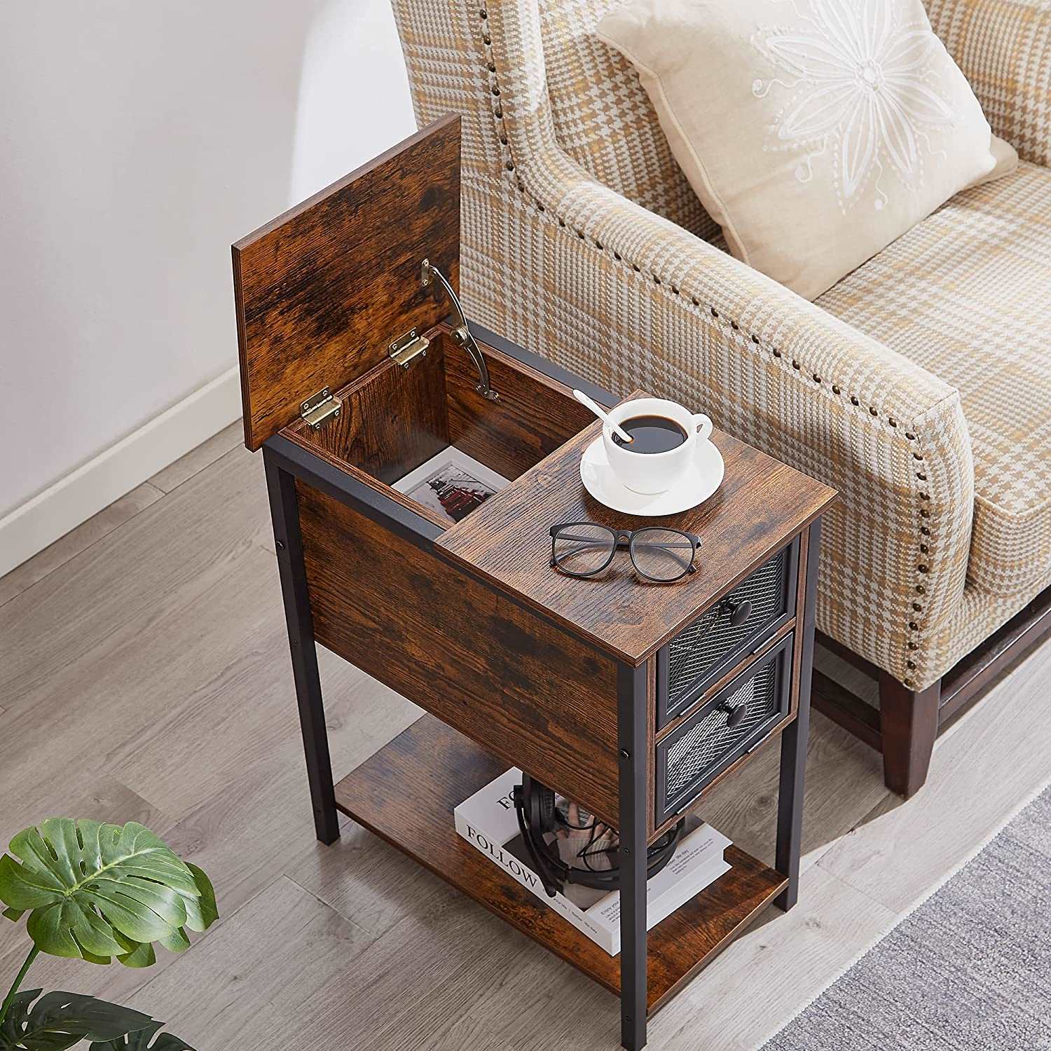 VECELO 24''Tall Flip Top Narrow Side Table with Storage Shelf for Living Room - VECELO