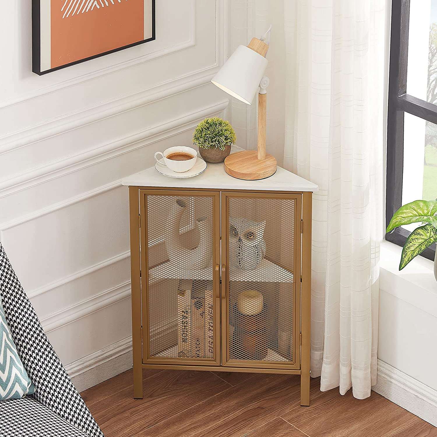 VECELO 3 Tier Corner Cabinet Shelf Display Rack with Grid Doors - VECELO