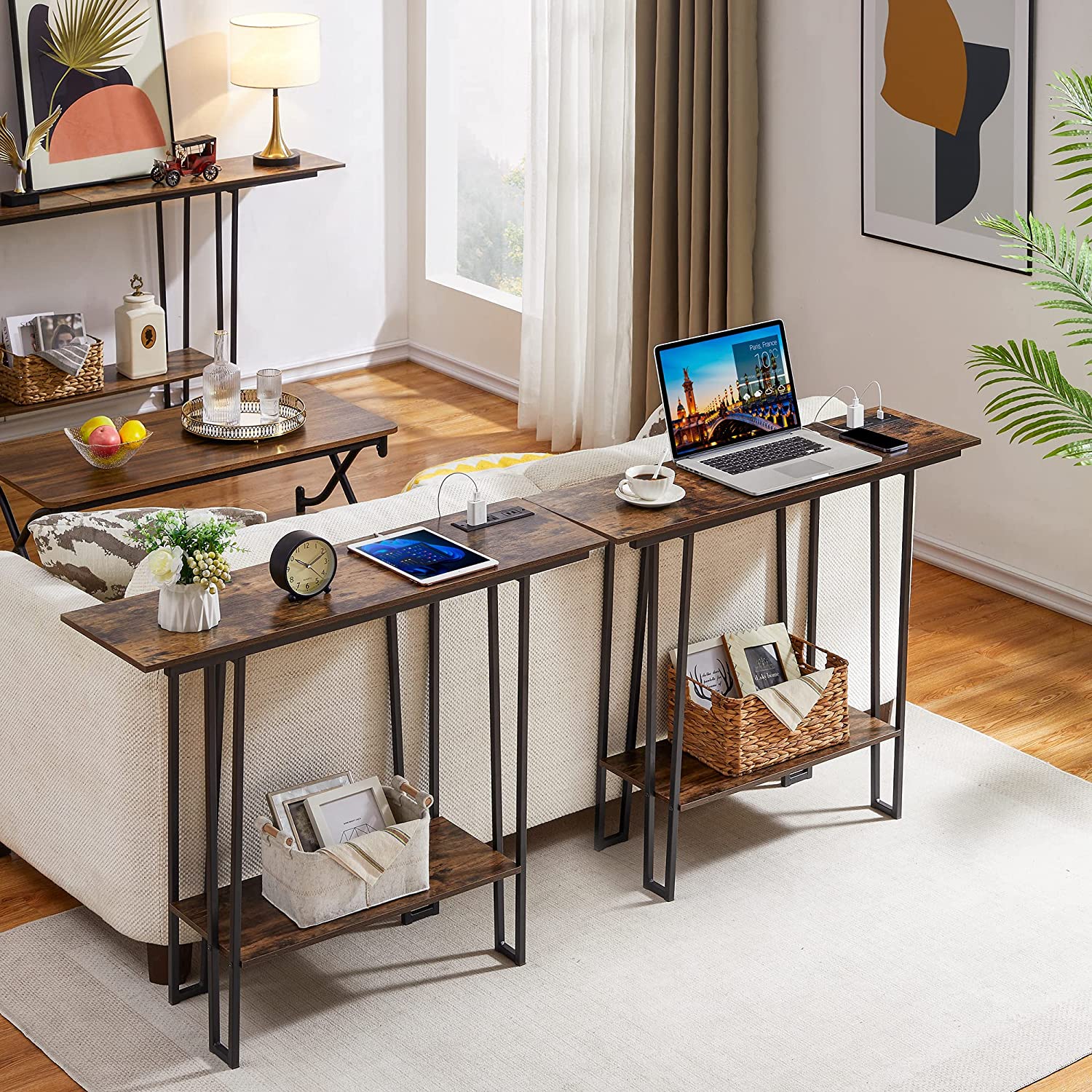 VECELO Couch Side & Console Table with 2 Outlets & 2 USB Ports