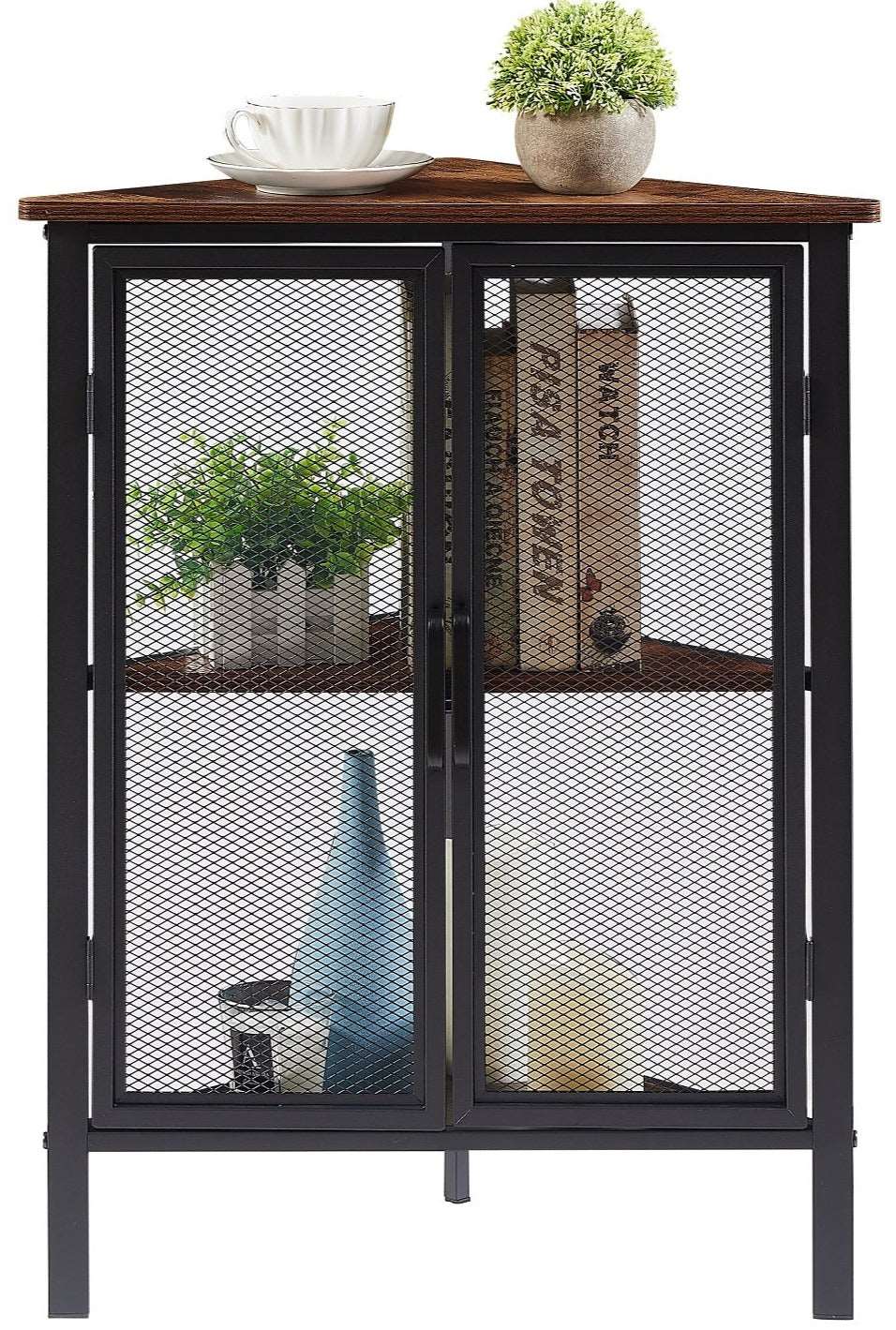 VECELO 3 Tier Corner Cabinet Shelf Display Rack with Grid Doors for Bedroom, Living Room and kitchen