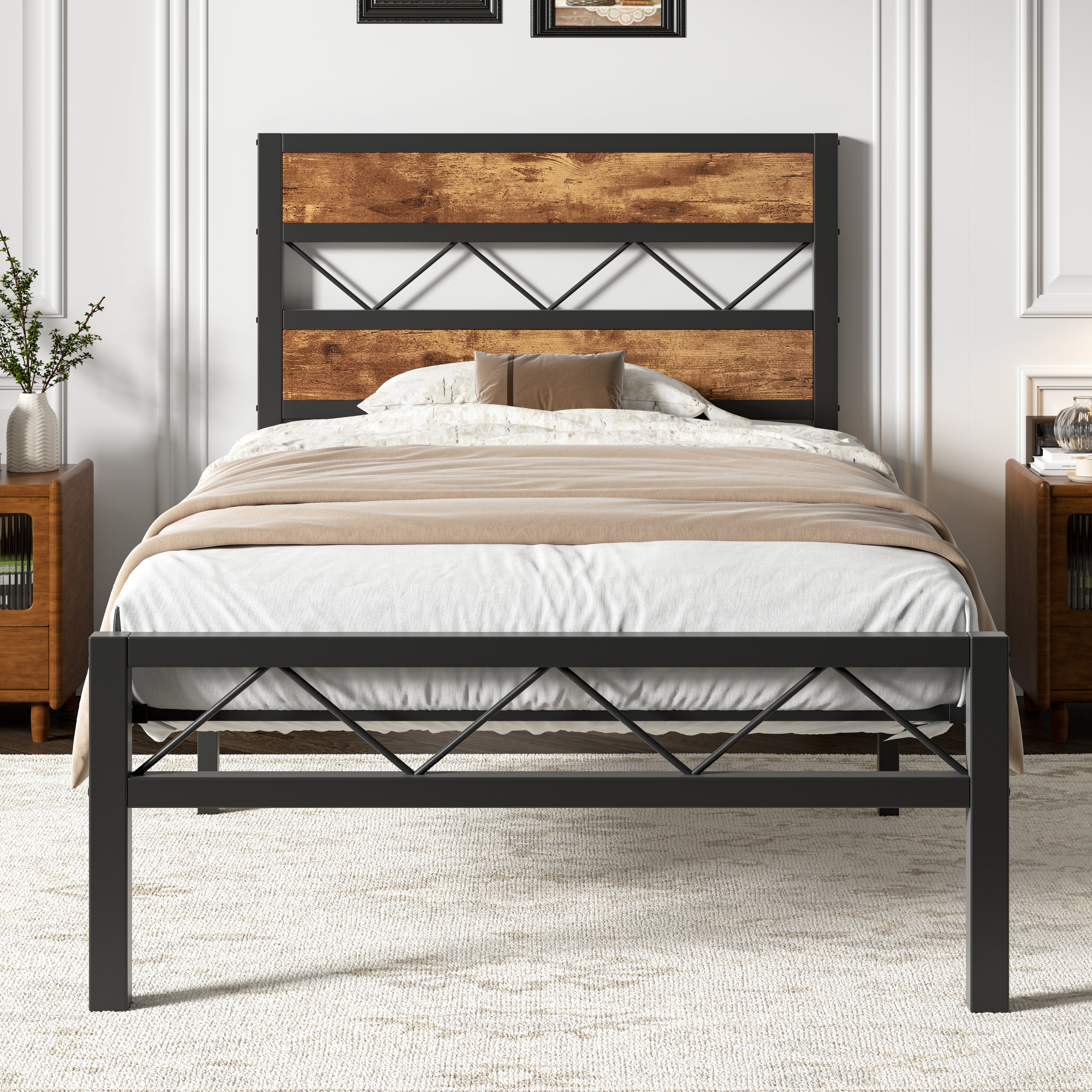 VECELO Metal Platform Bed Frame with Rustic Vintage Wooden Headboard