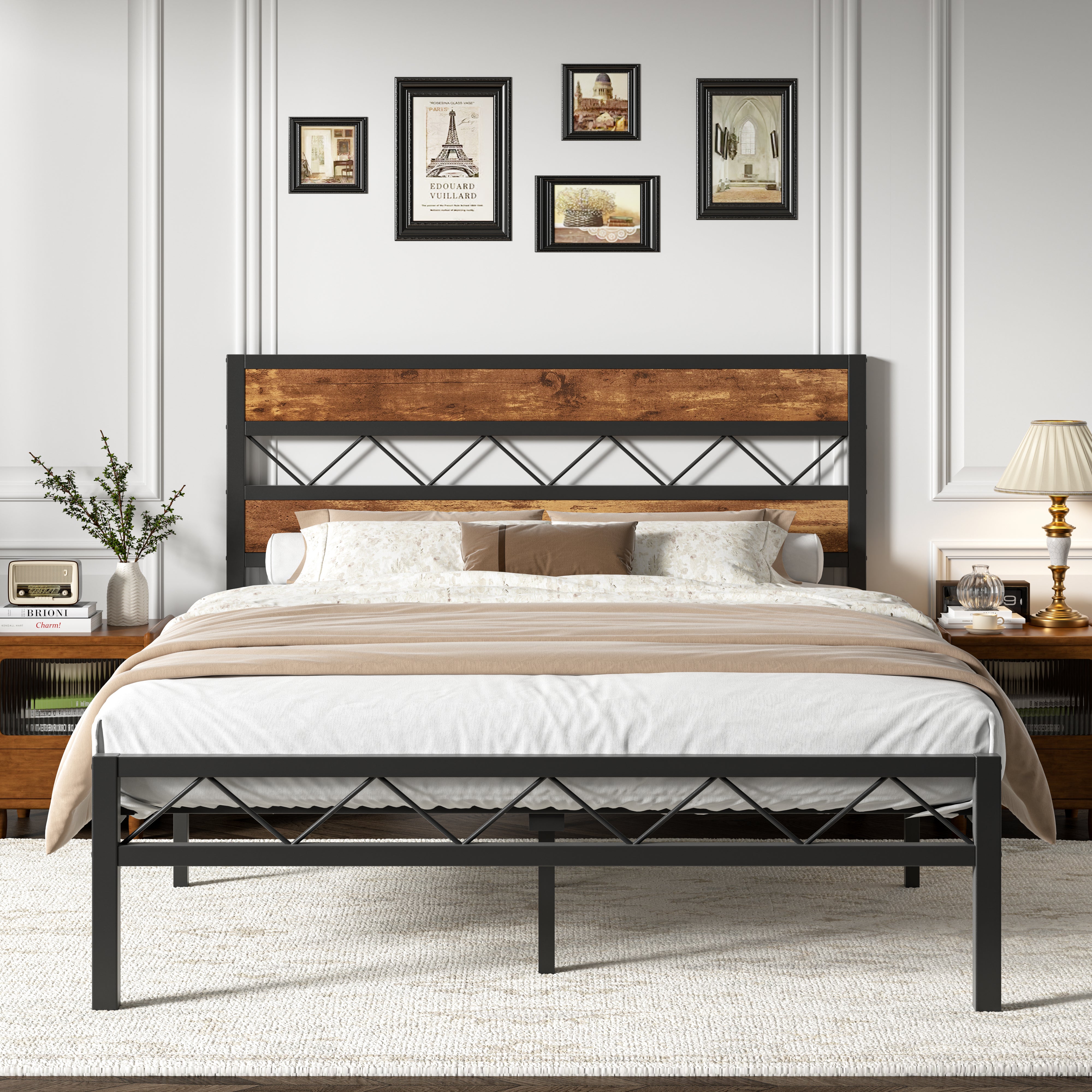VECELO Metal Platform Bed Frame with Rustic Vintage Wooden Headboard