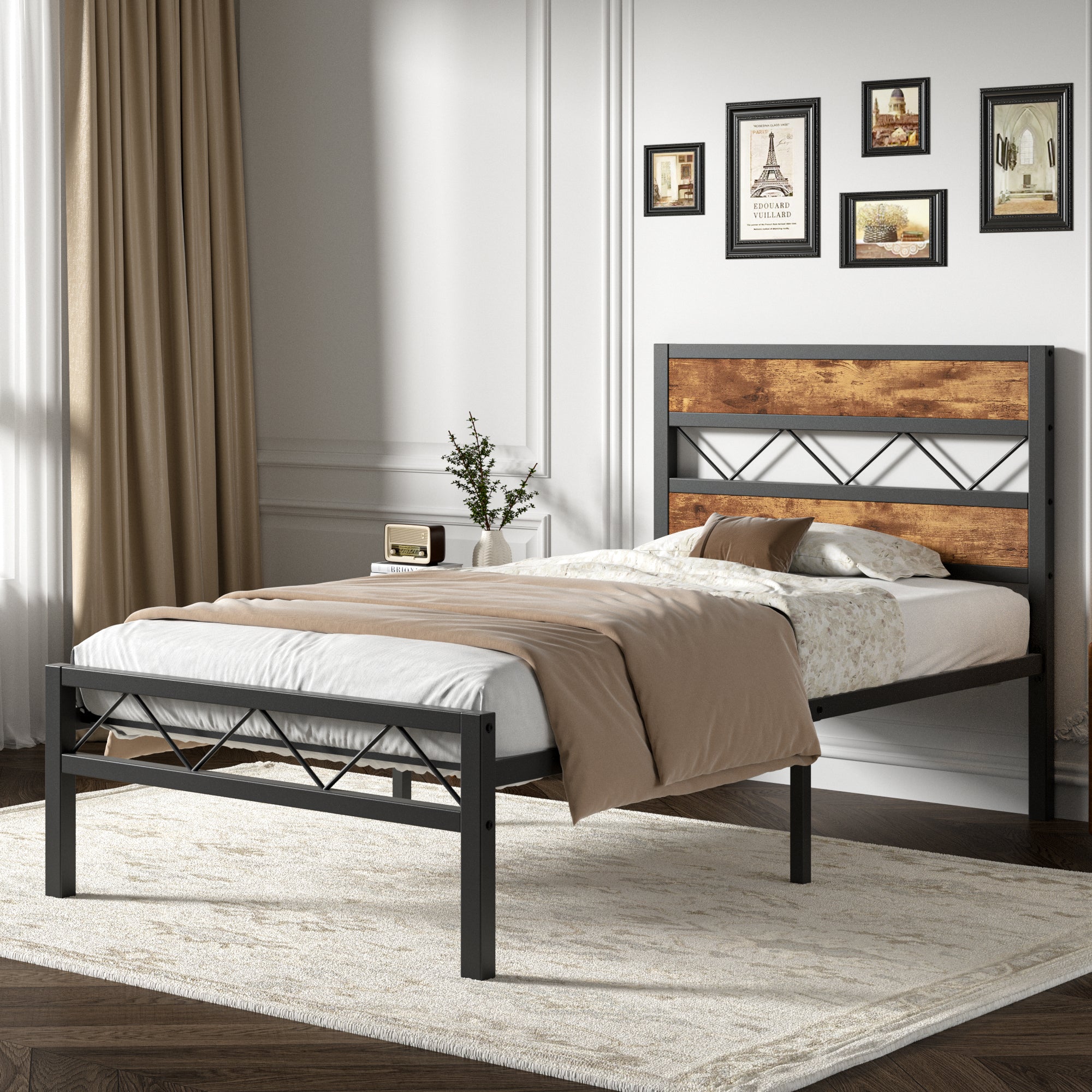VECELO Metal Platform Bed Frame with Rustic Vintage Wooden Headboard