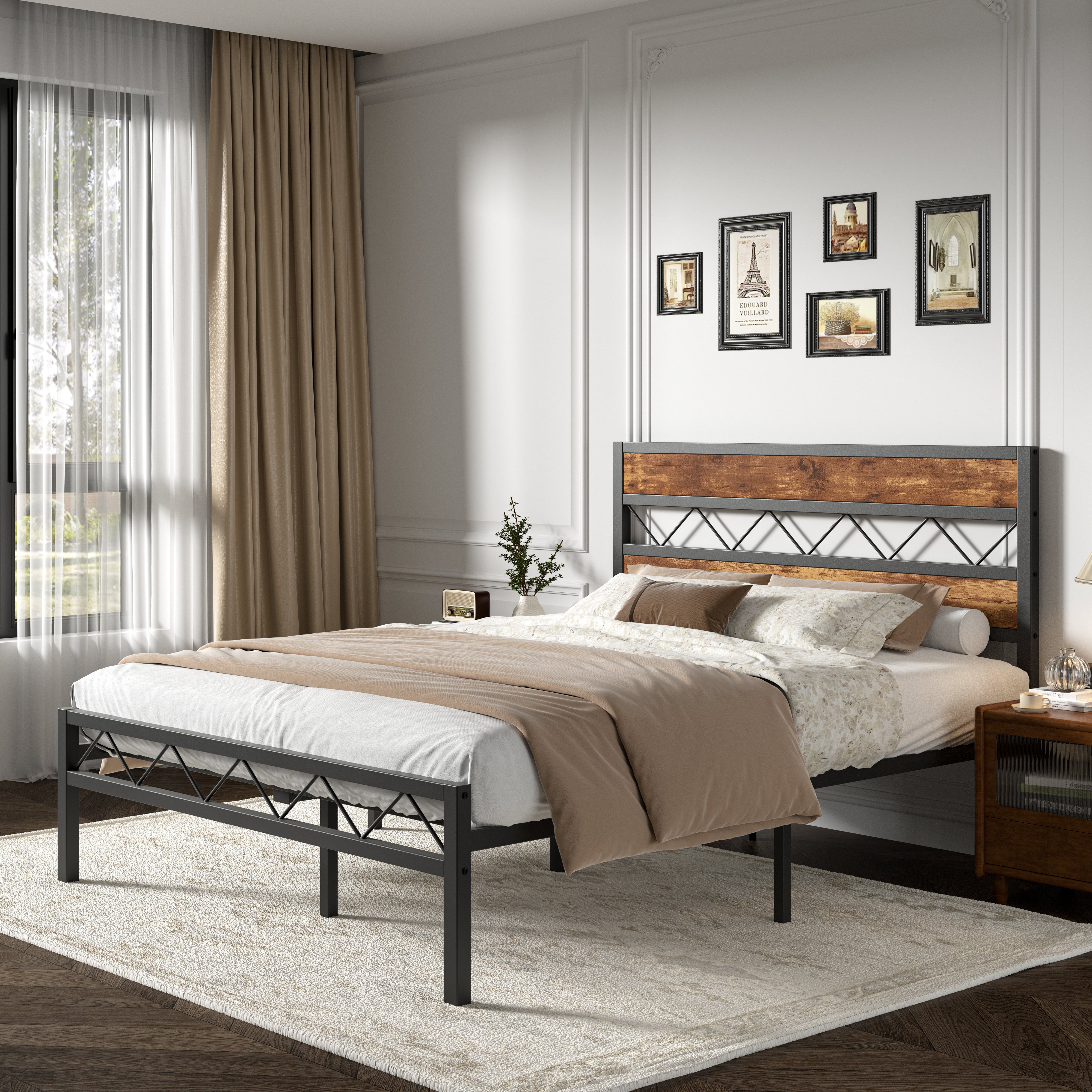 VECELO Metal Platform Bed Frame with Rustic Vintage Wooden Headboard