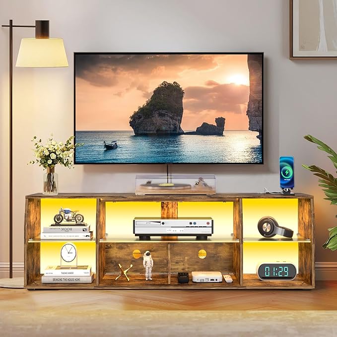 VECELO TV Stand with LED Strip & Power Outlets, Industrial Entertainment Center