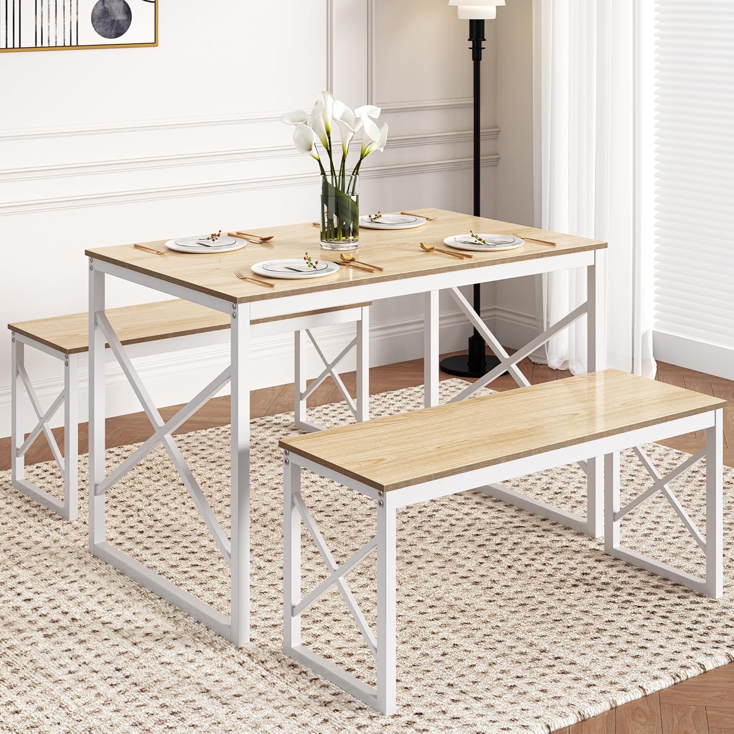 VECELO Kitchen Table with 2 Benches for 4 - VECELO