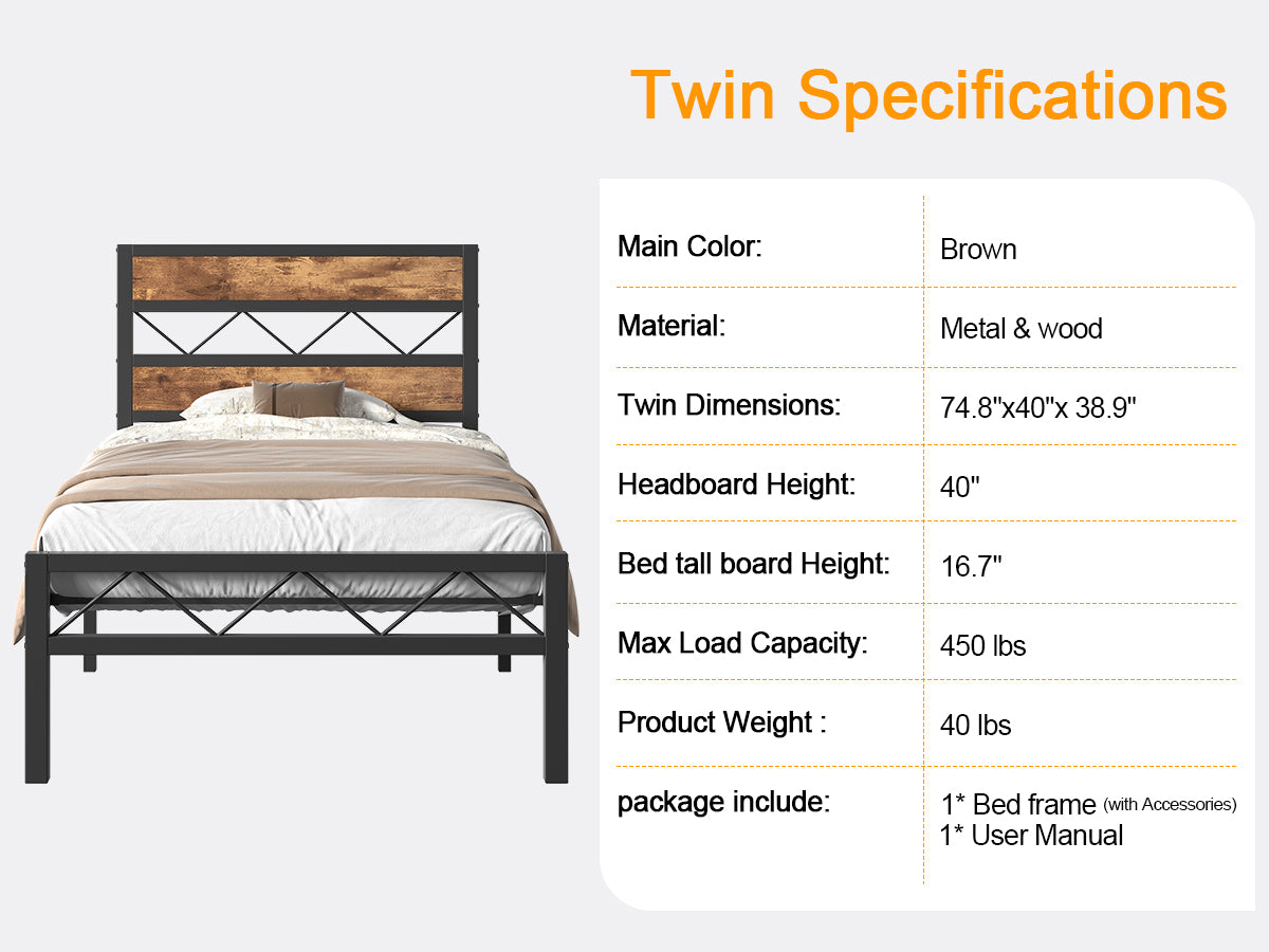 VECELO Metal Platform Bed Frame with Rustic Vintage Wooden Headboard