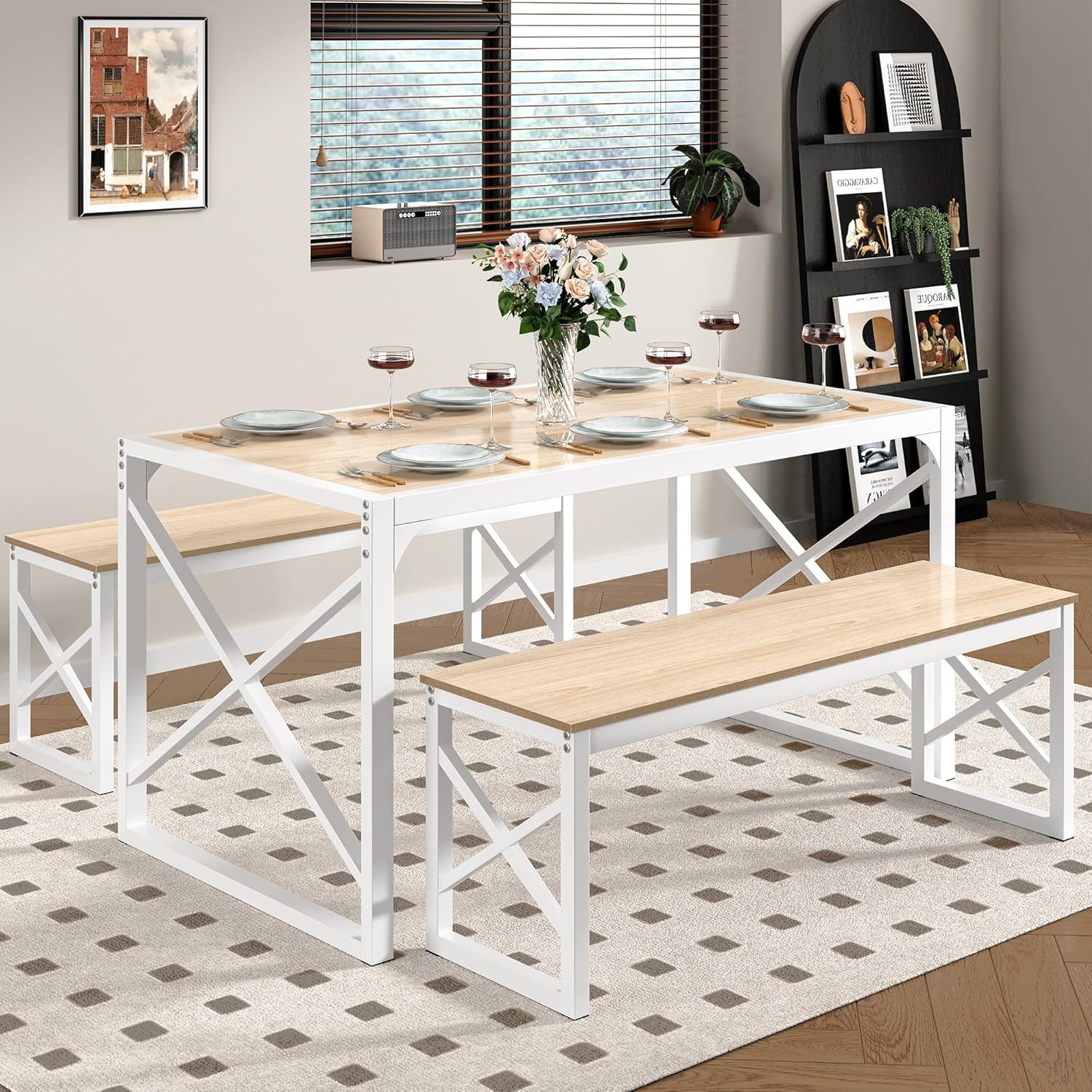VECELO Kitchen Table with 2 Benches for 4 - VECELO