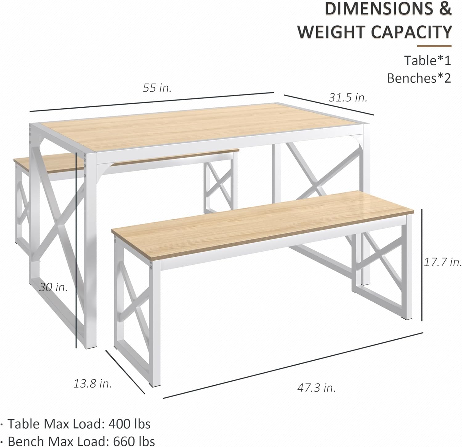 VECELO Kitchen Table with 2 Benches for 4 - VECELO