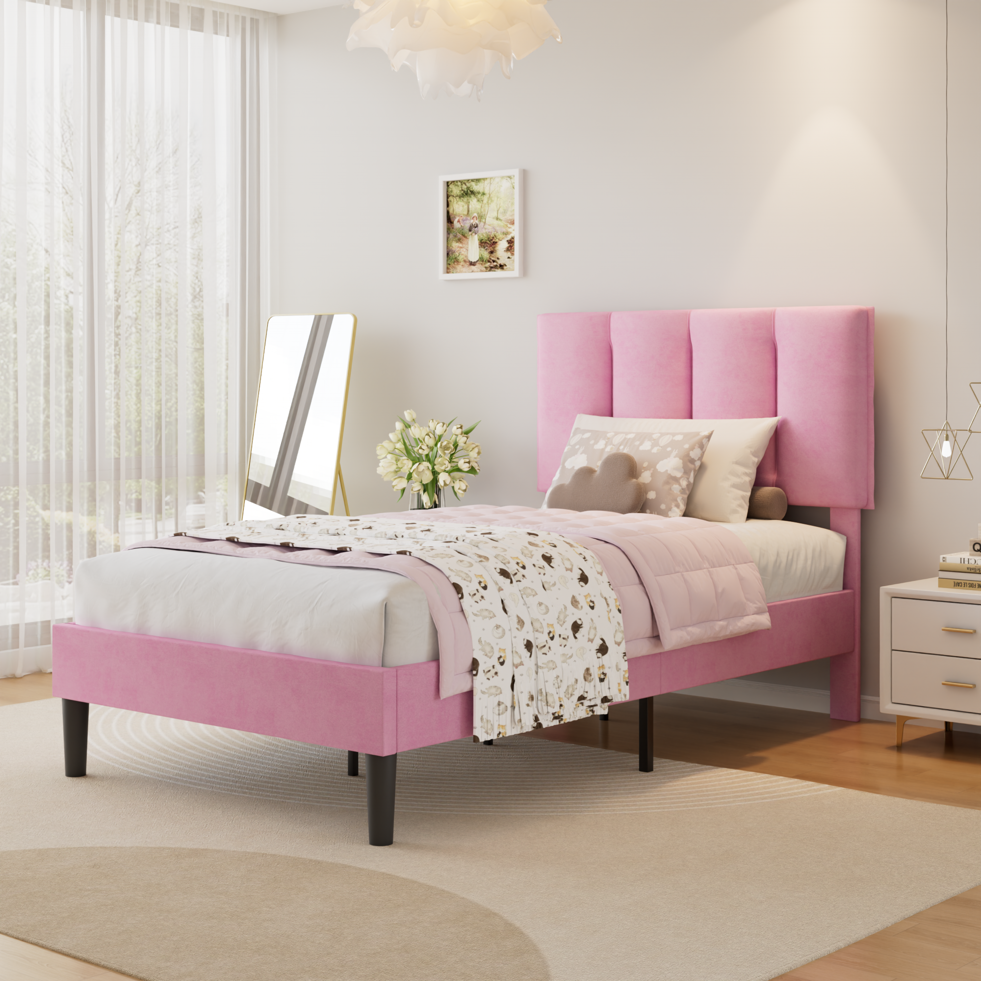 VECELO Modern Upholstered Platform Bedframe, Adjustable Headboard