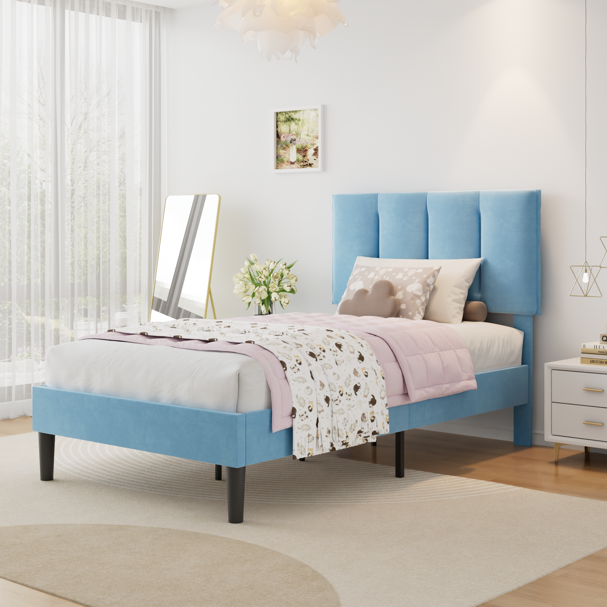 VECELO Modern Upholstered Platform Bedframe, Adjustable Headboard