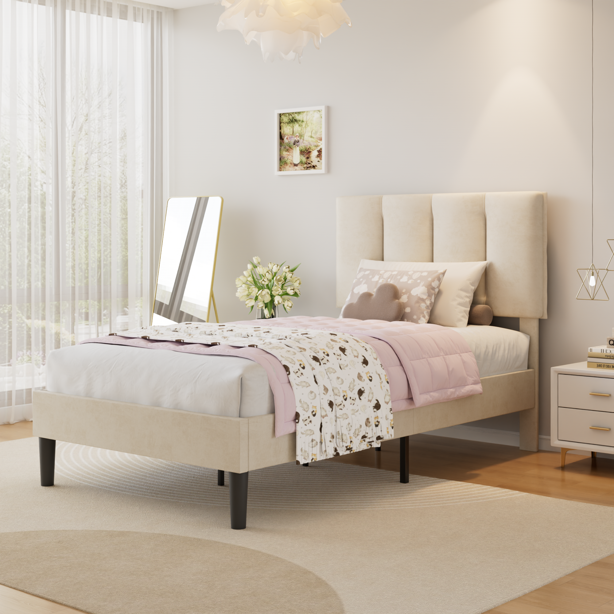 VECELO Modern Upholstered Platform Bedframe, Adjustable Headboard