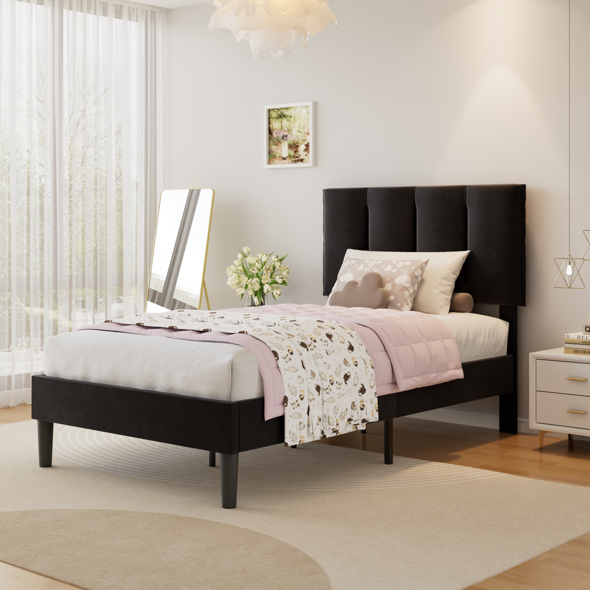 VECELO Modern Upholstered Platform Bedframe, Adjustable Headboard