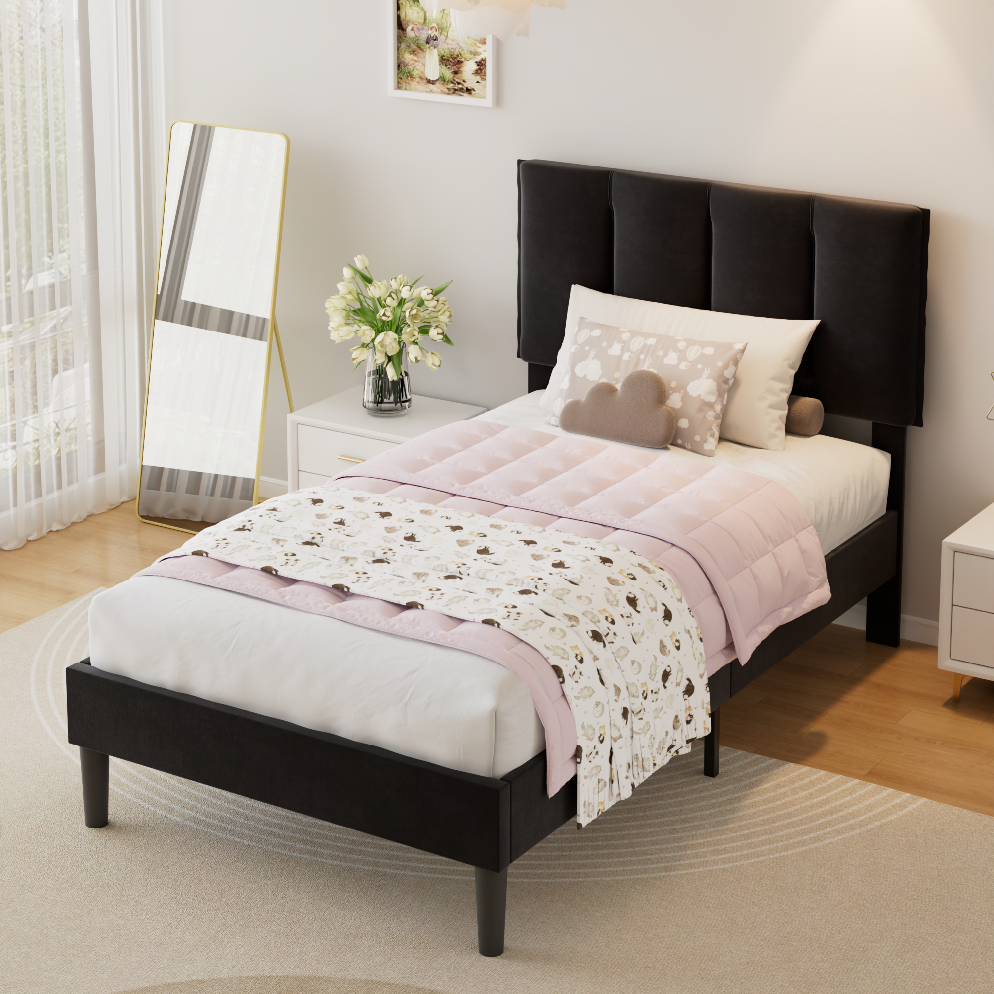 VECELO Modern Upholstered Platform Bedframe, Adjustable Headboard