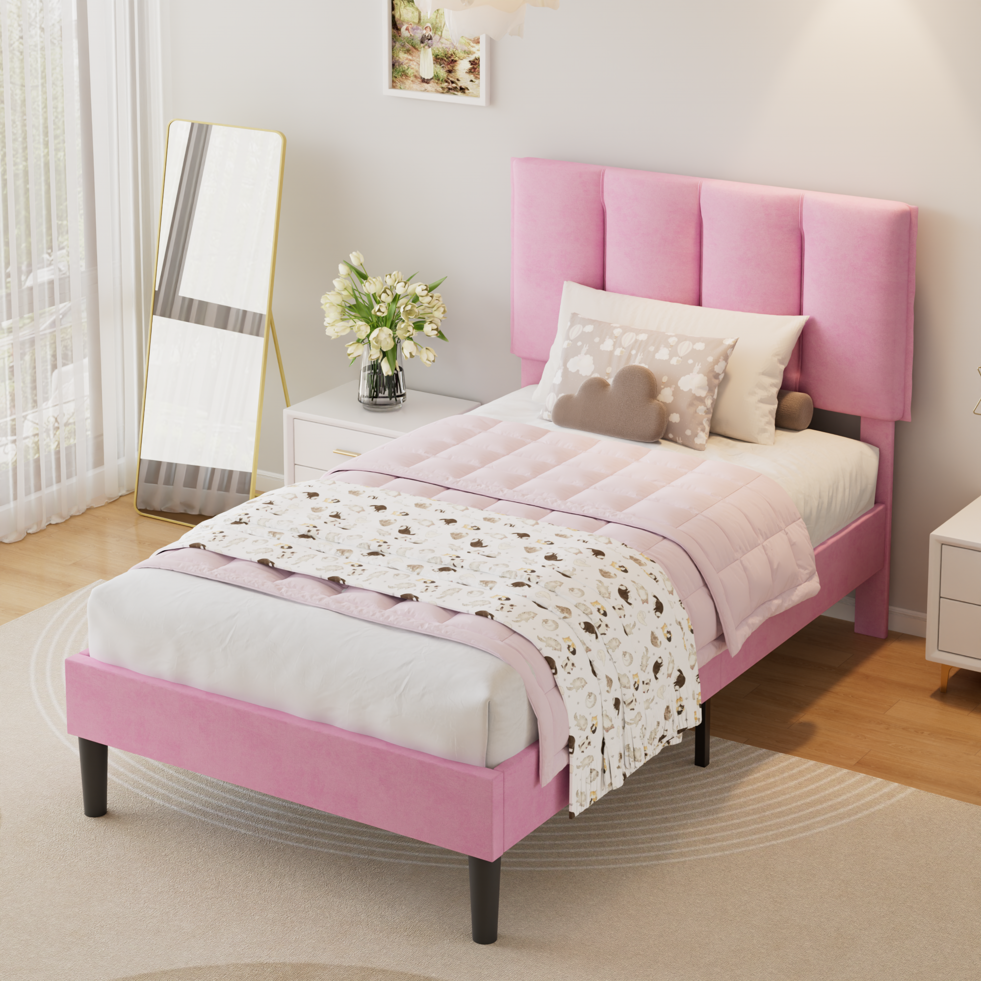 VECELO Modern Upholstered Platform Bedframe, Adjustable Headboard