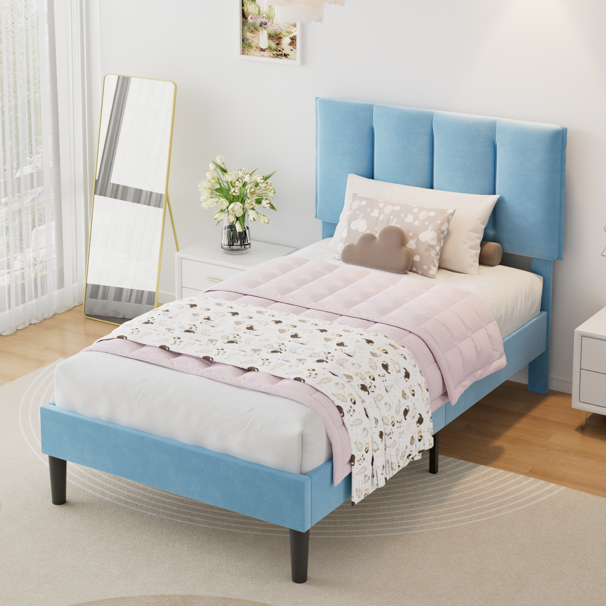 VECELO Modern Upholstered Platform Bedframe, Adjustable Headboard