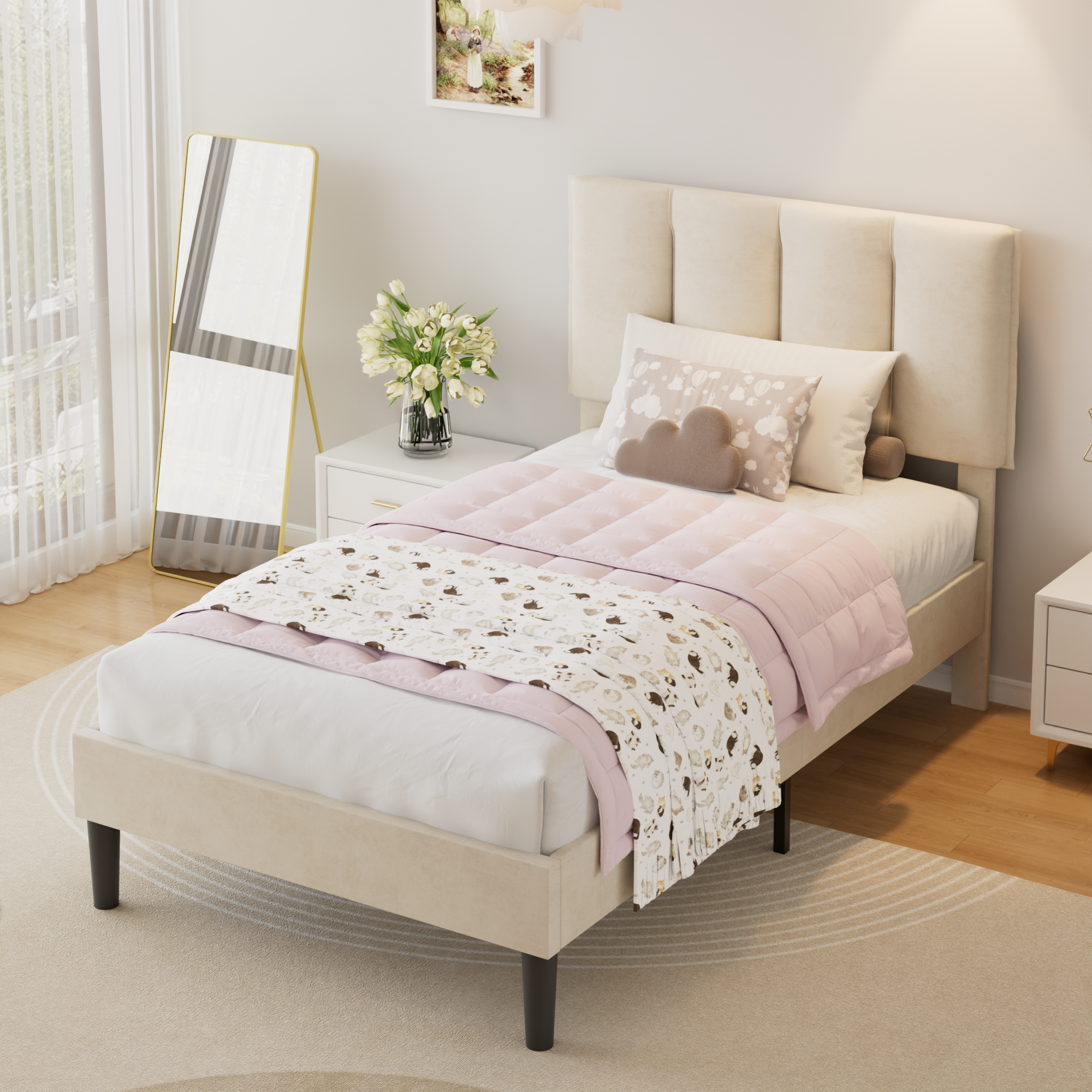 VECELO Modern Upholstered Platform Bedframe, Adjustable Headboard