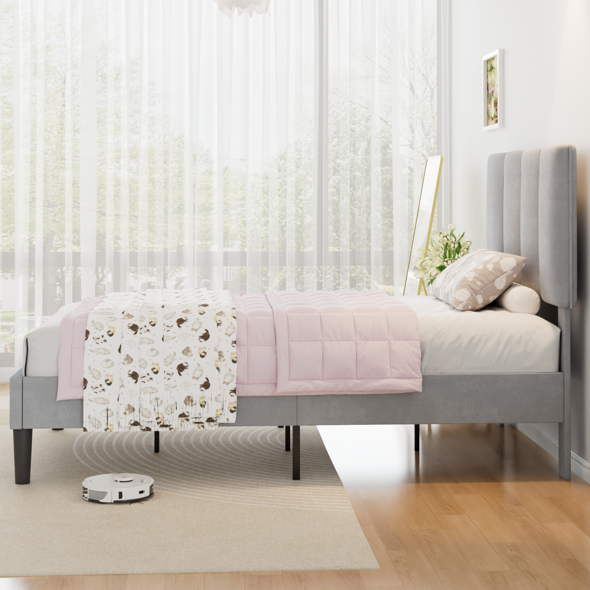 VECELO Modern Upholstered Platform Bedframe, Adjustable Headboard