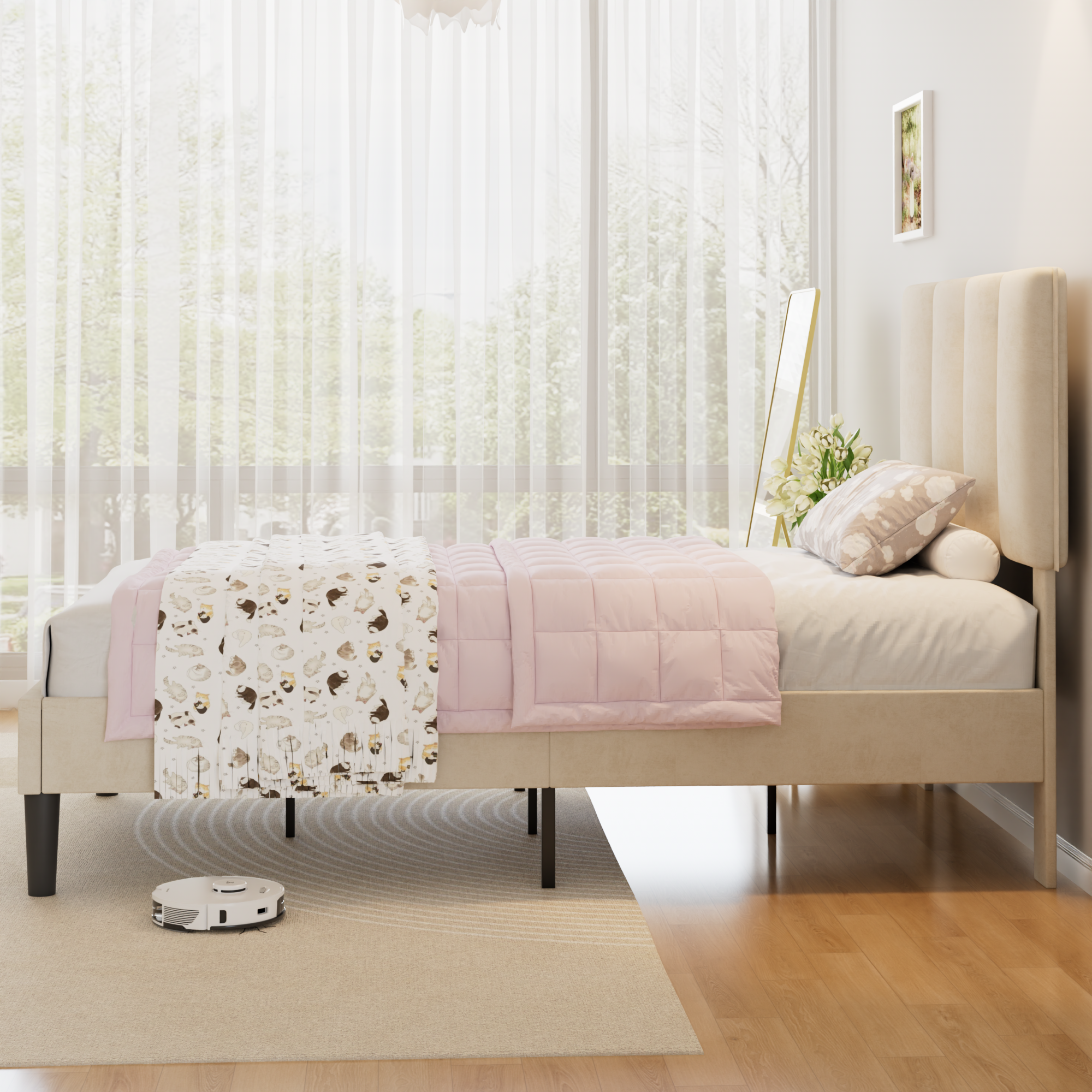 VECELO Modern Upholstered Platform Bedframe, Adjustable Headboard