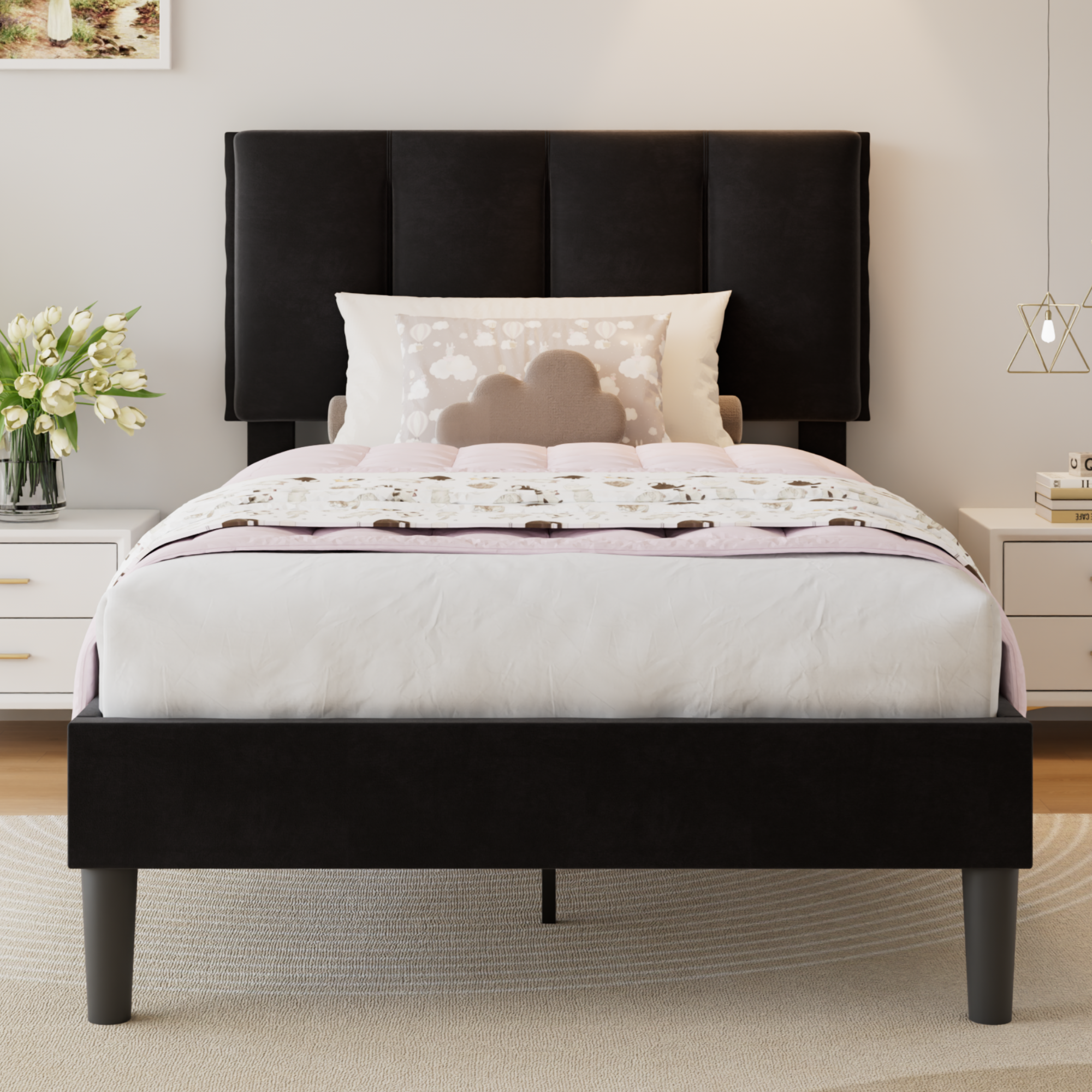 VECELO Modern Upholstered Platform Bedframe, Adjustable Headboard