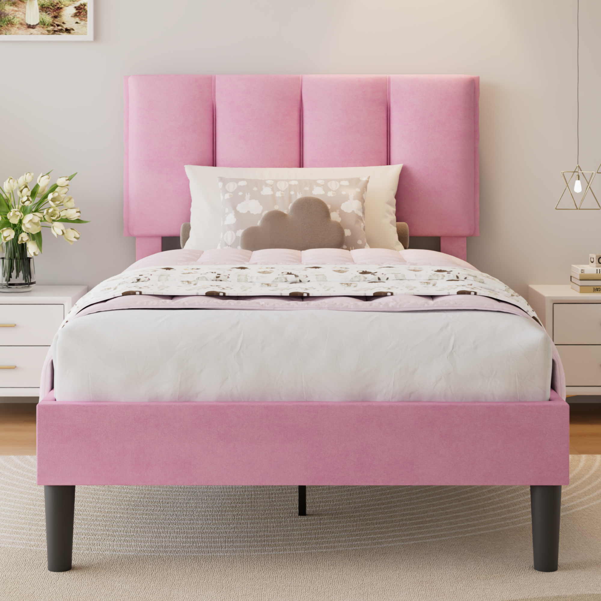VECELO Modern Upholstered Platform Bedframe, Adjustable Headboard