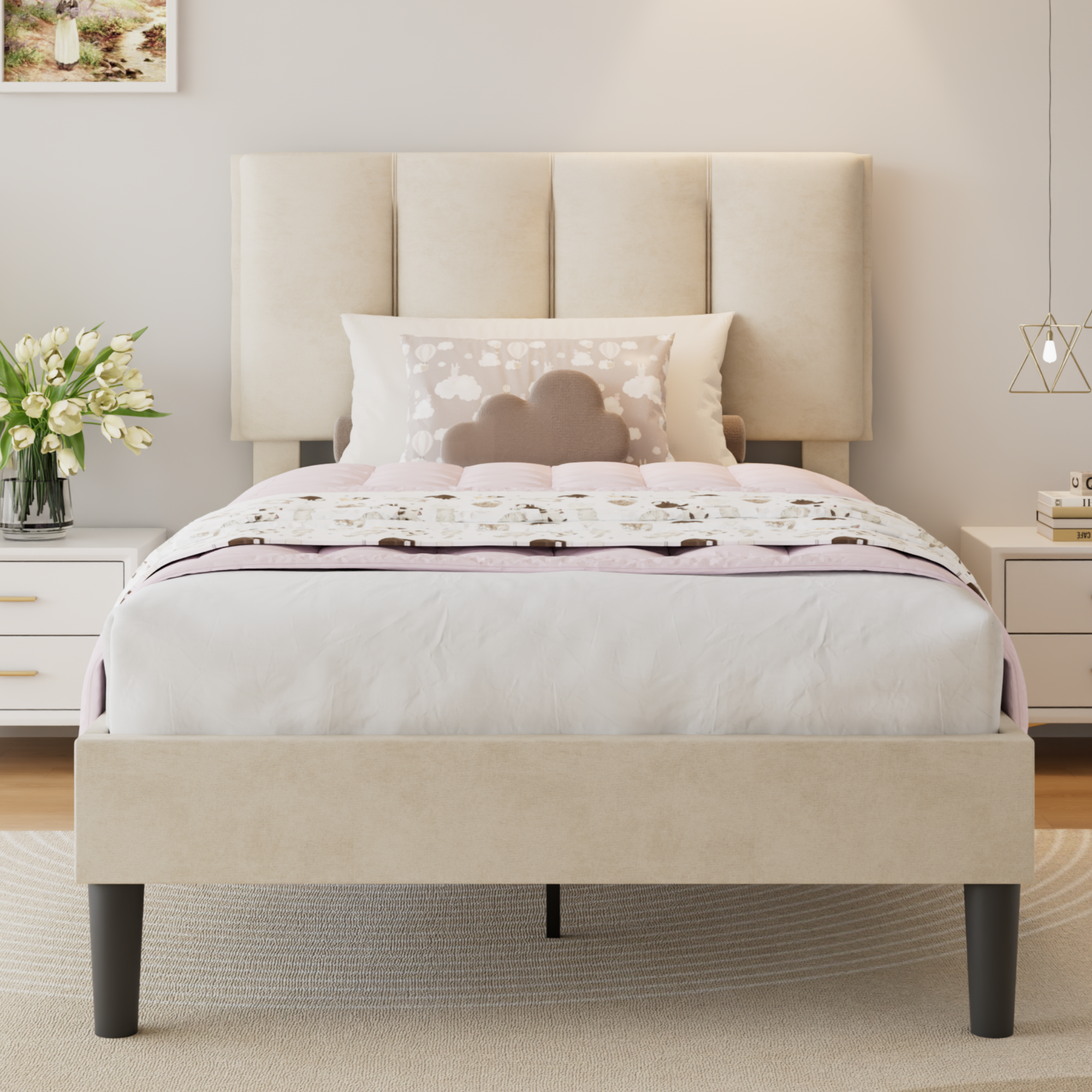 VECELO Modern Upholstered Platform Bedframe, Adjustable Headboard