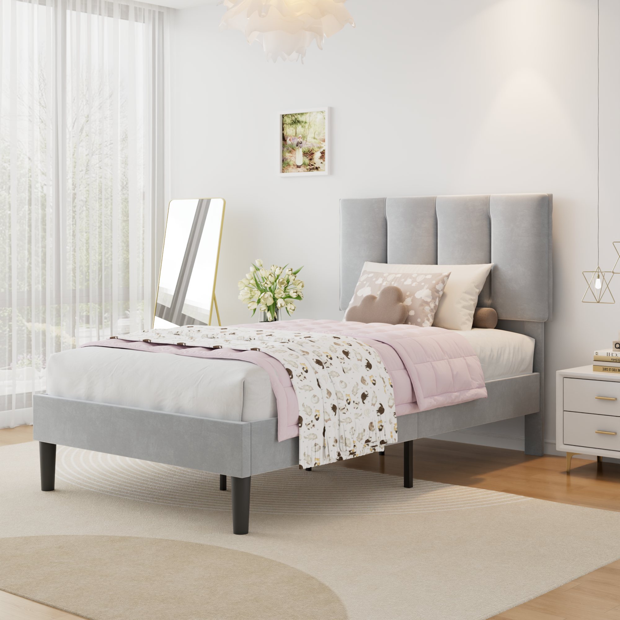 VECELO Modern Upholstered Platform Bedframe, Adjustable Headboard