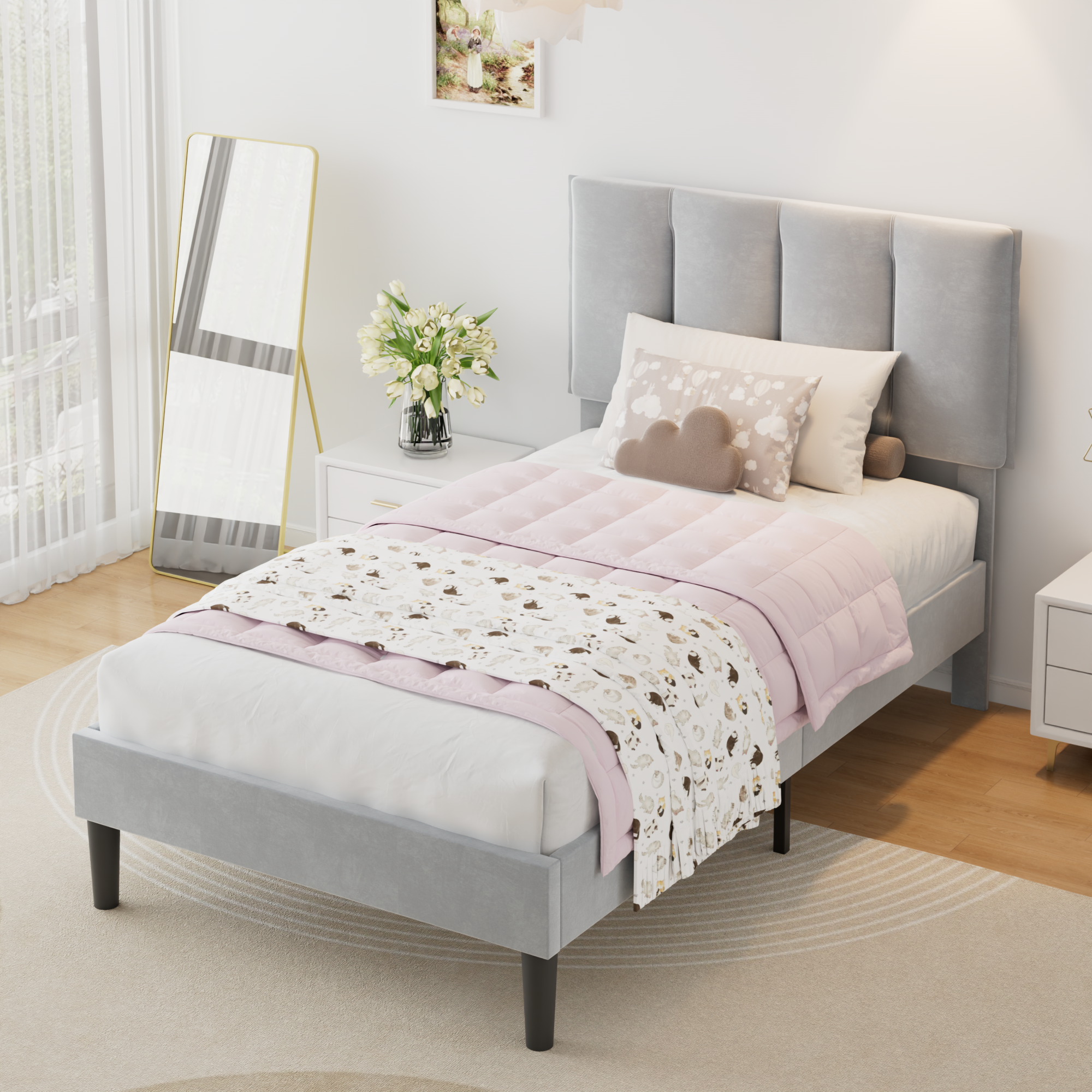 VECELO Modern Upholstered Platform Bedframe, Adjustable Headboard