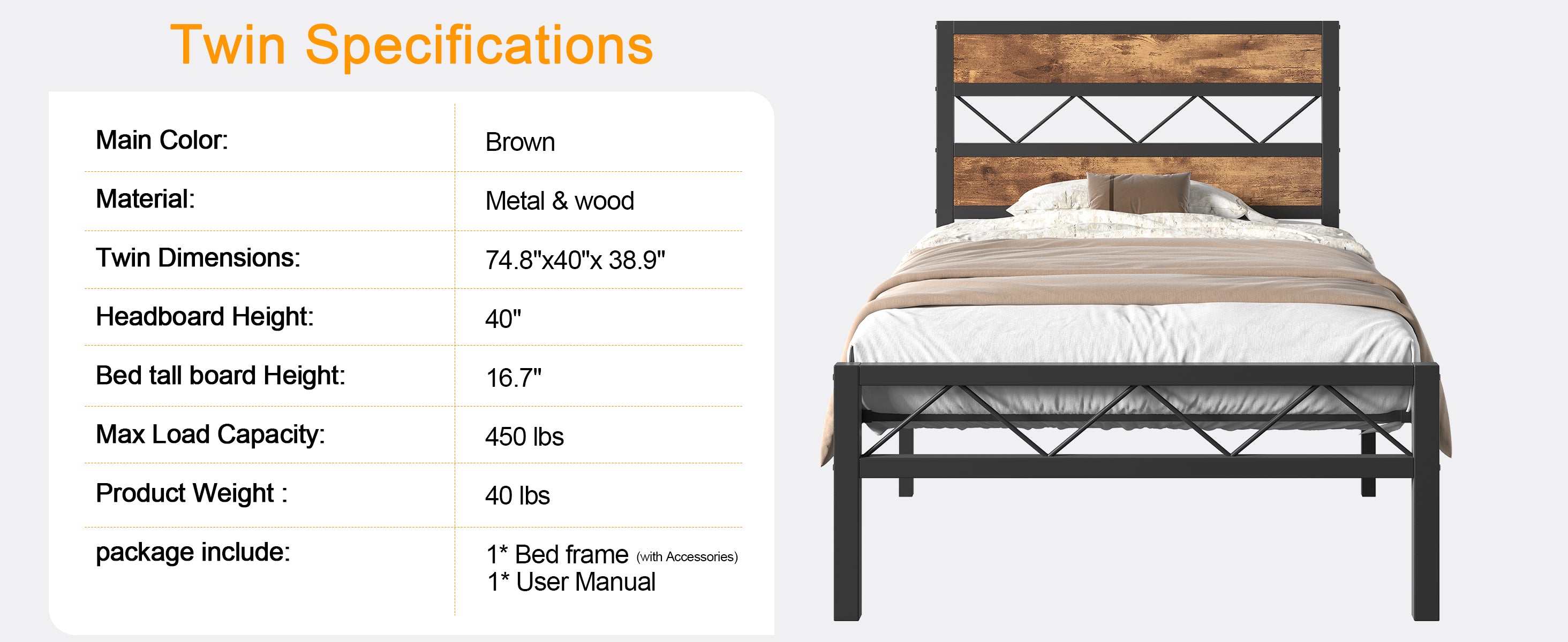 VECELO Metal Platform Bed Frame with Rustic Vintage Wooden Headboard
