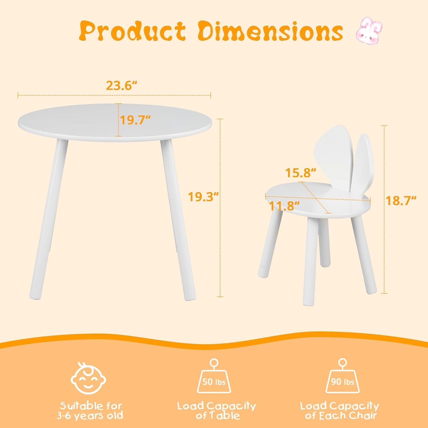 VECELO Kids Table and Chairs Set, Oval Tabletop and 2 Rabbit Chairs