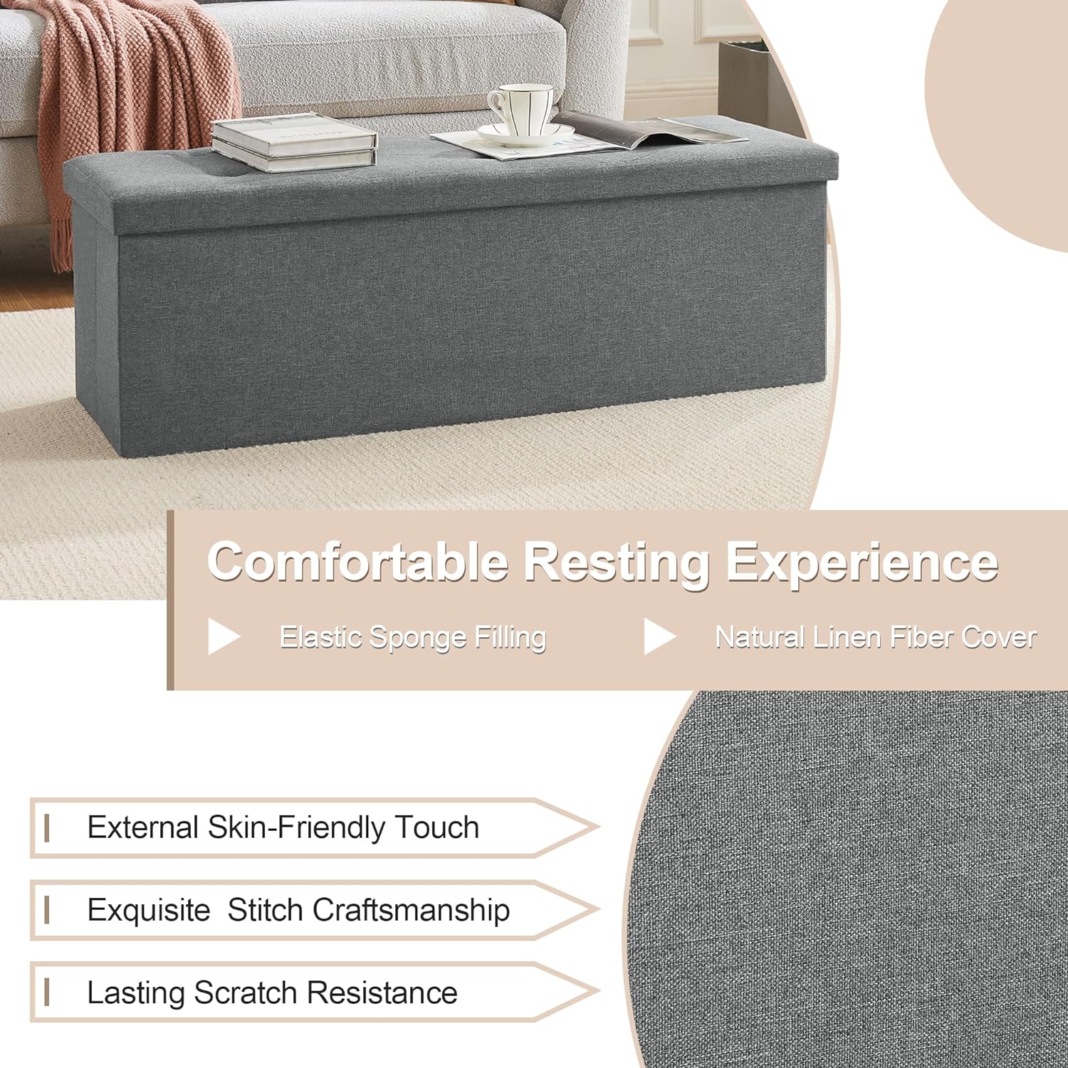 VECELO Folding Storage Ottoman Bench, Storage Chest, Linen Fabric