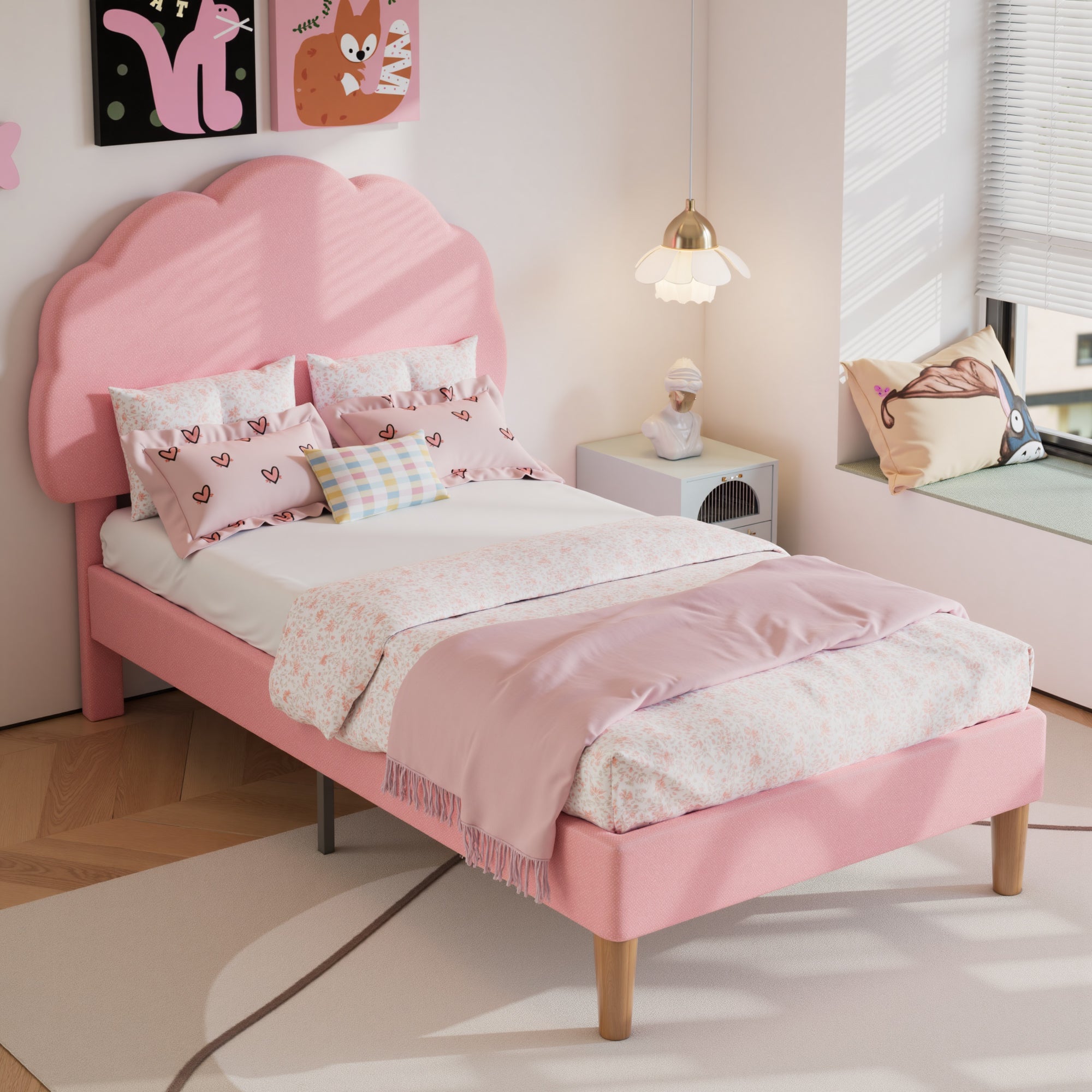 VECELO Twin Size Bed Frame, Upholstered Platform Bedframe with Height