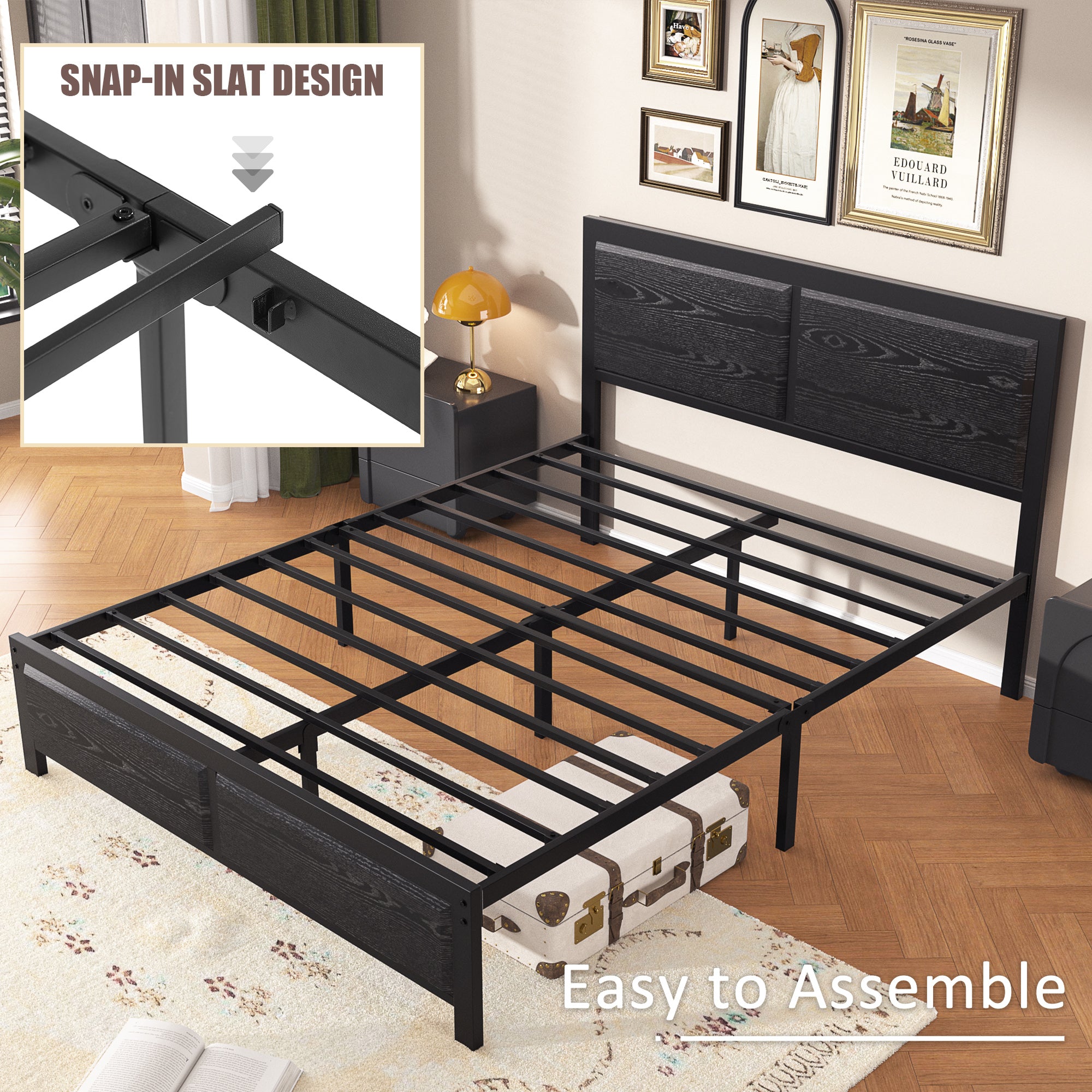 VECELO Platform Bed Frame with Rustic Vintage Wood Headboard