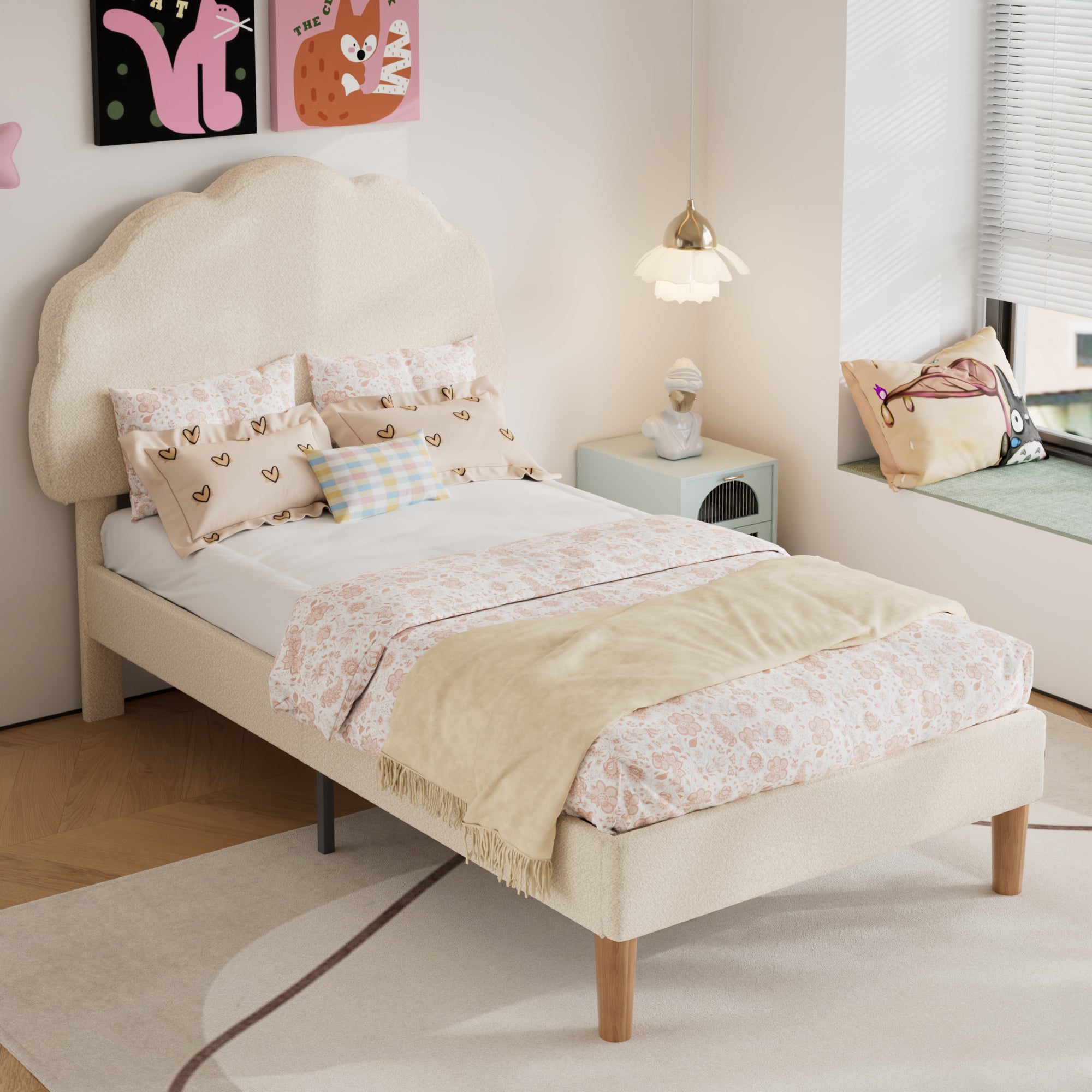 VECELO Twin Size Bed Frame, Upholstered Platform Bedframe with Height Adjustable Plush Fabric Headboard