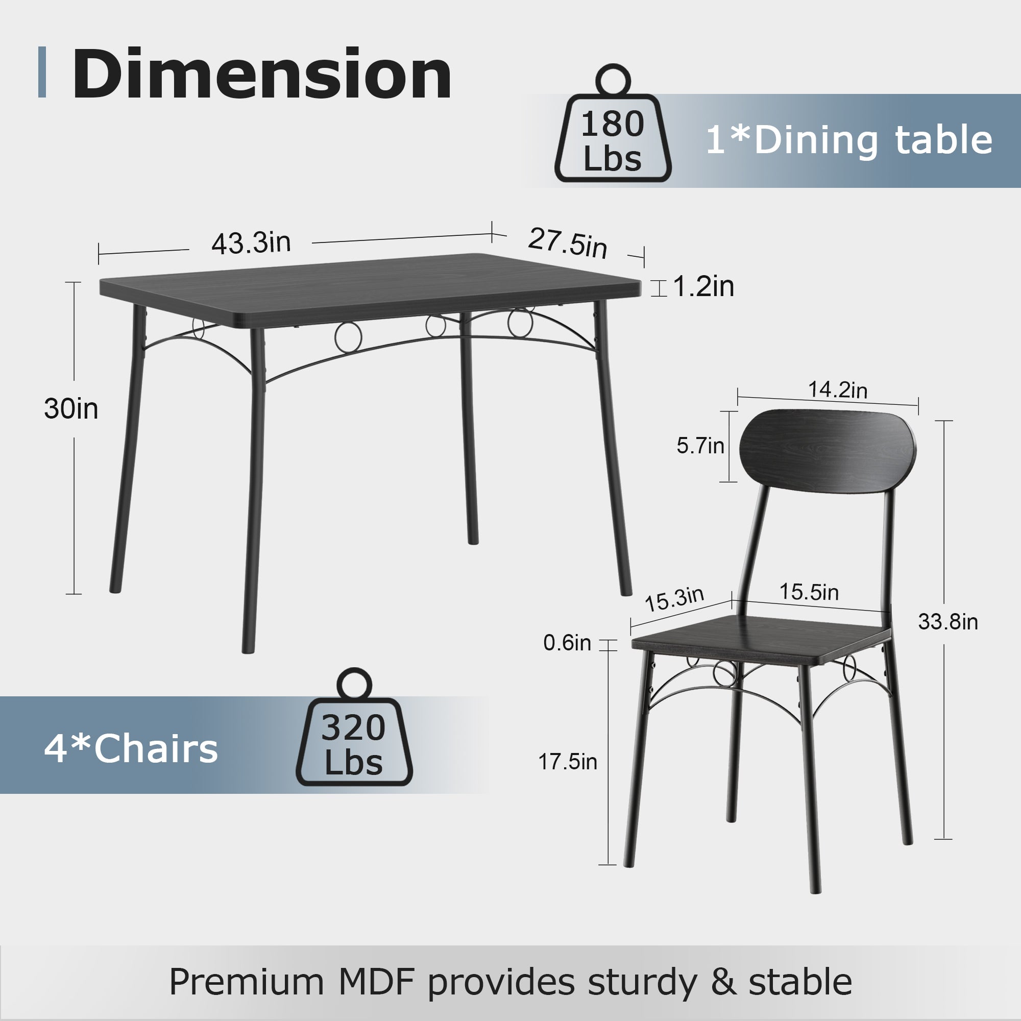 VECELO  Farmhouse Style 5 Piece Dining Table Set Metal and Wood Rectangular Table with 4 Chairs - VECELO