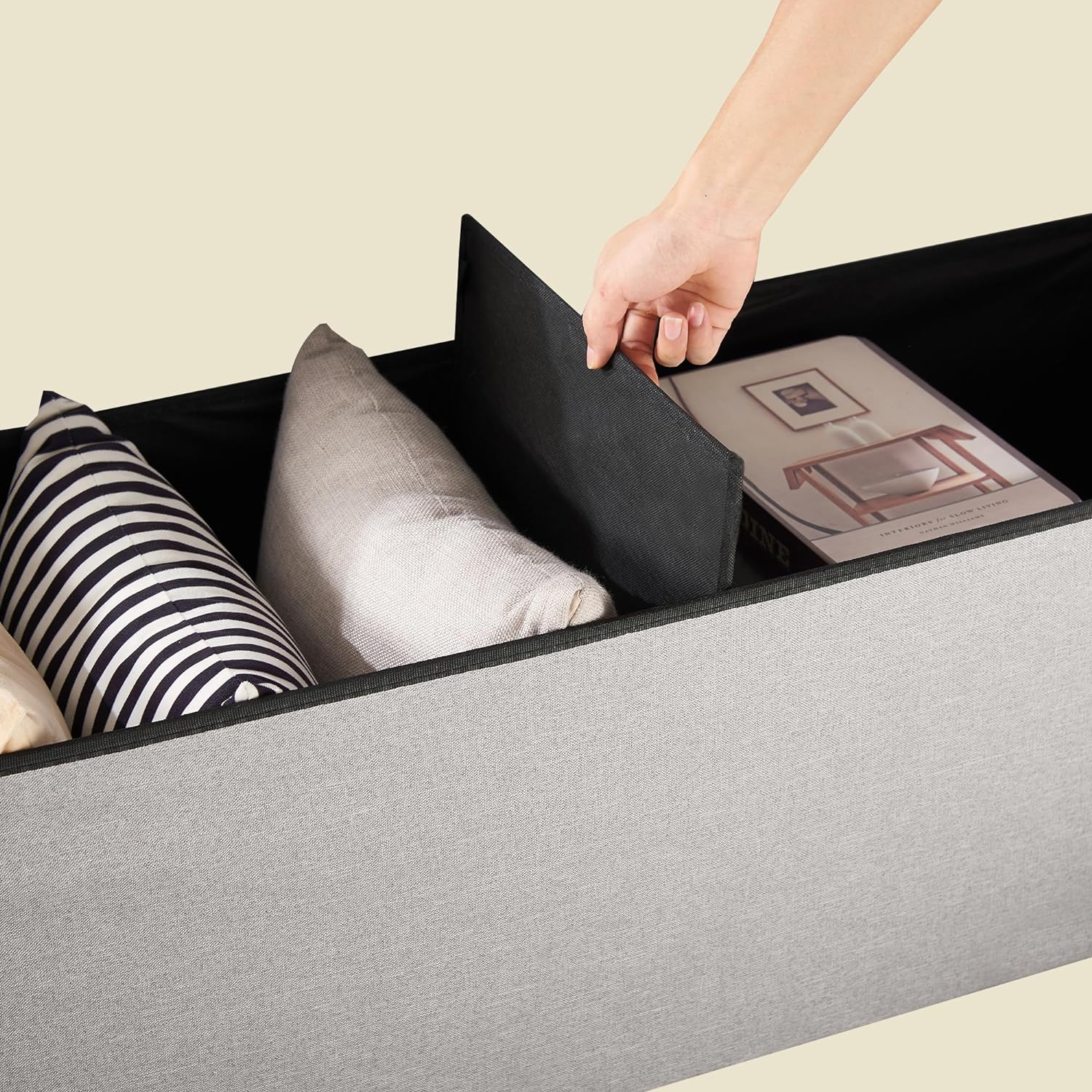 VECELO Folding Storage Ottoman Bench, Storage Chest, Linen Fabric