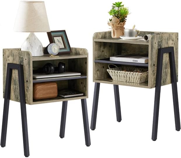 VECELO Nightstand Industrial Side End Table Accent Furniture with 2-Tier Open Storage Compartments