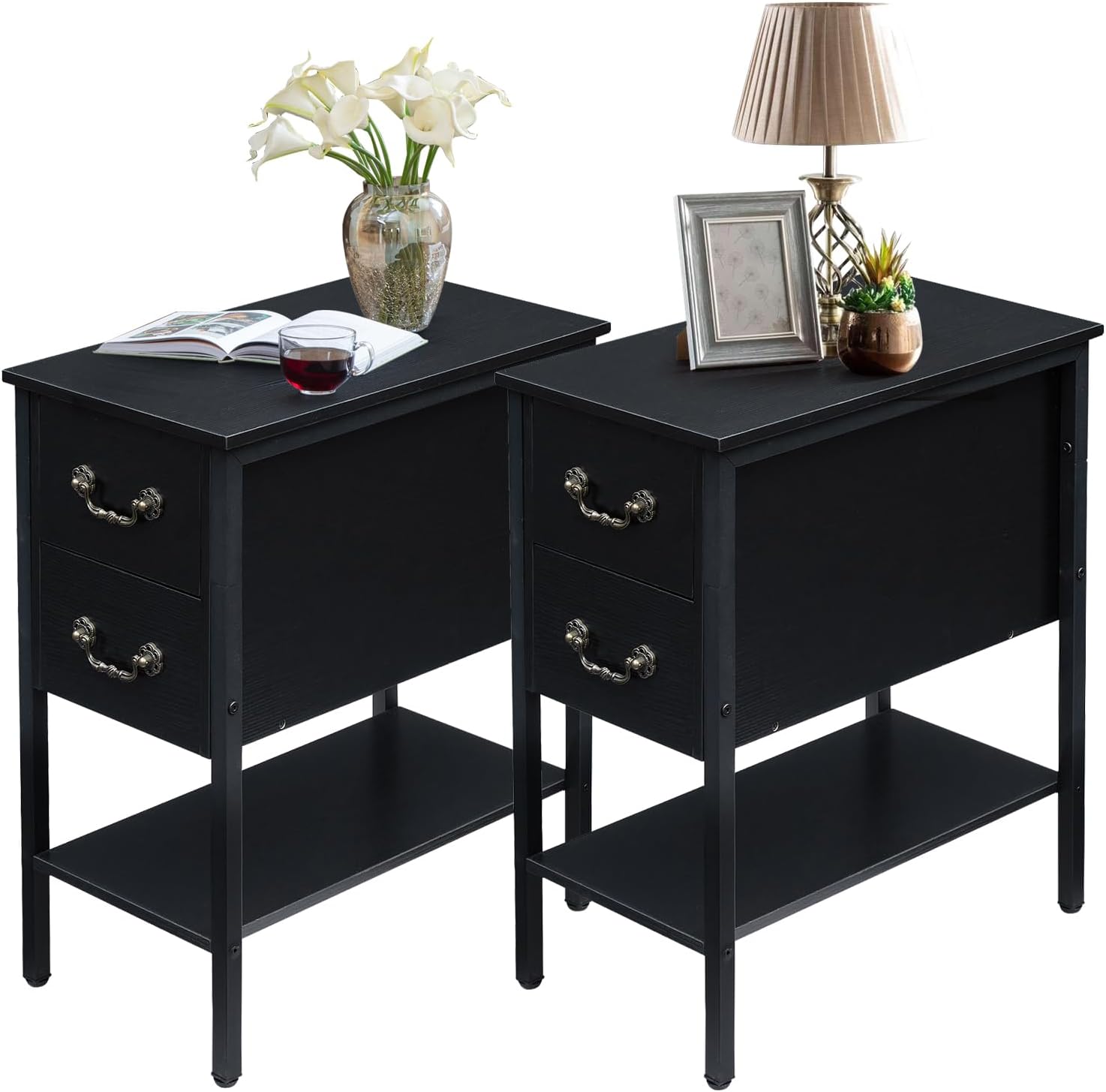 VECELO End Tables,Narrow Nightstands with Charging Station & USB Ports &Drawers