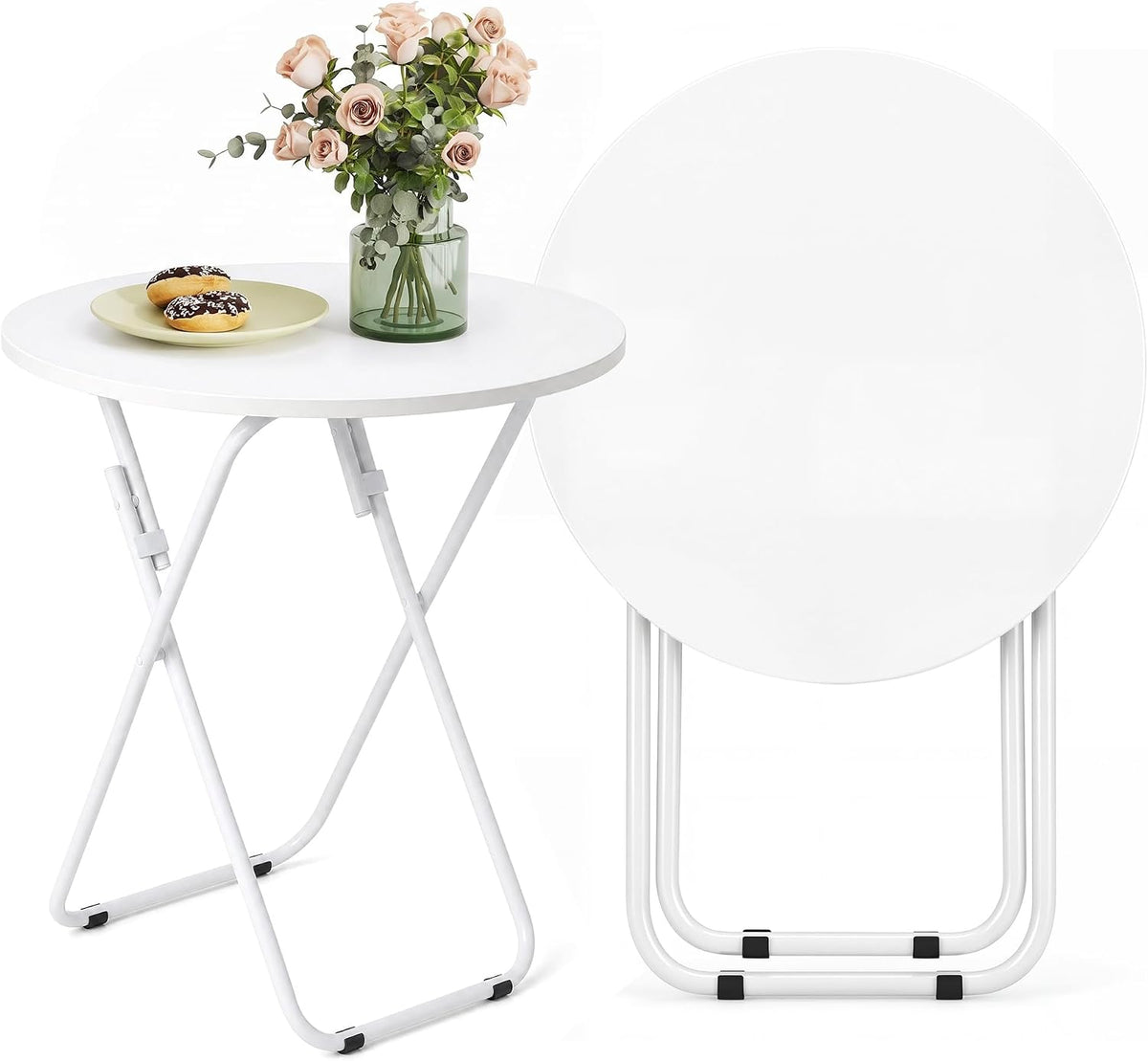 VECELO Folding Round Table, Patio Outdoor Dining Table, Wood Top Metal Frame No Assembly Required