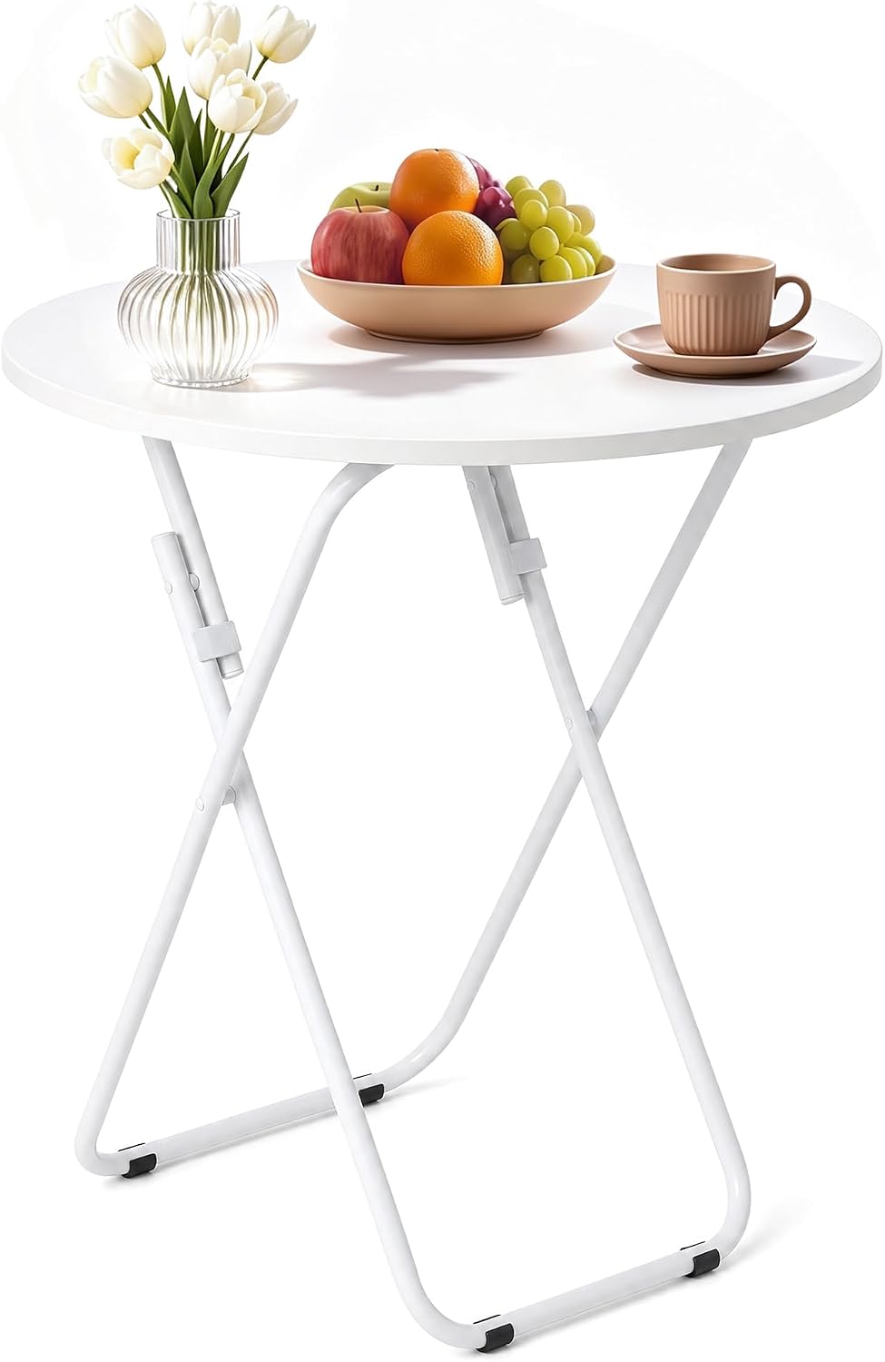 VECELO Folding Round Table, Patio Outdoor Dining Table, Wood Top Metal Frame No Assembly Required