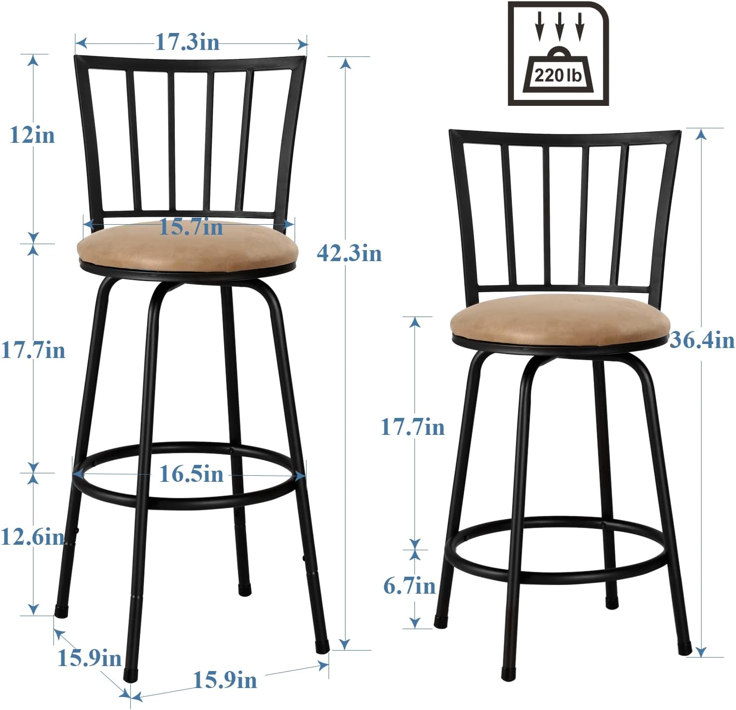 VECELO 41.5" Adjustable Bar Stools with 360 Degree Swivel Seat Top Set of 2
