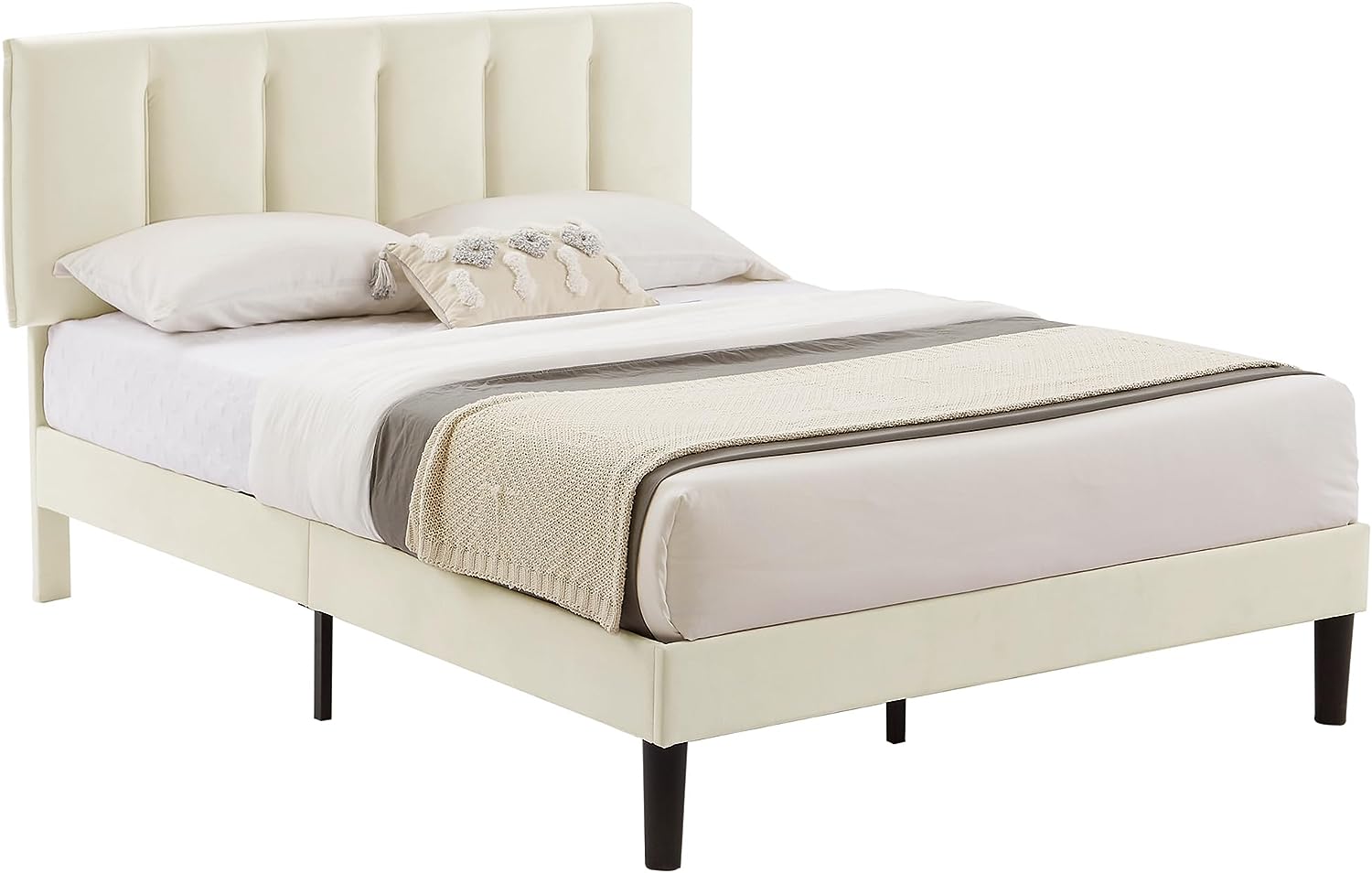 VECELO Modern Upholstered Platform Bedframe, Adjustable Headboard