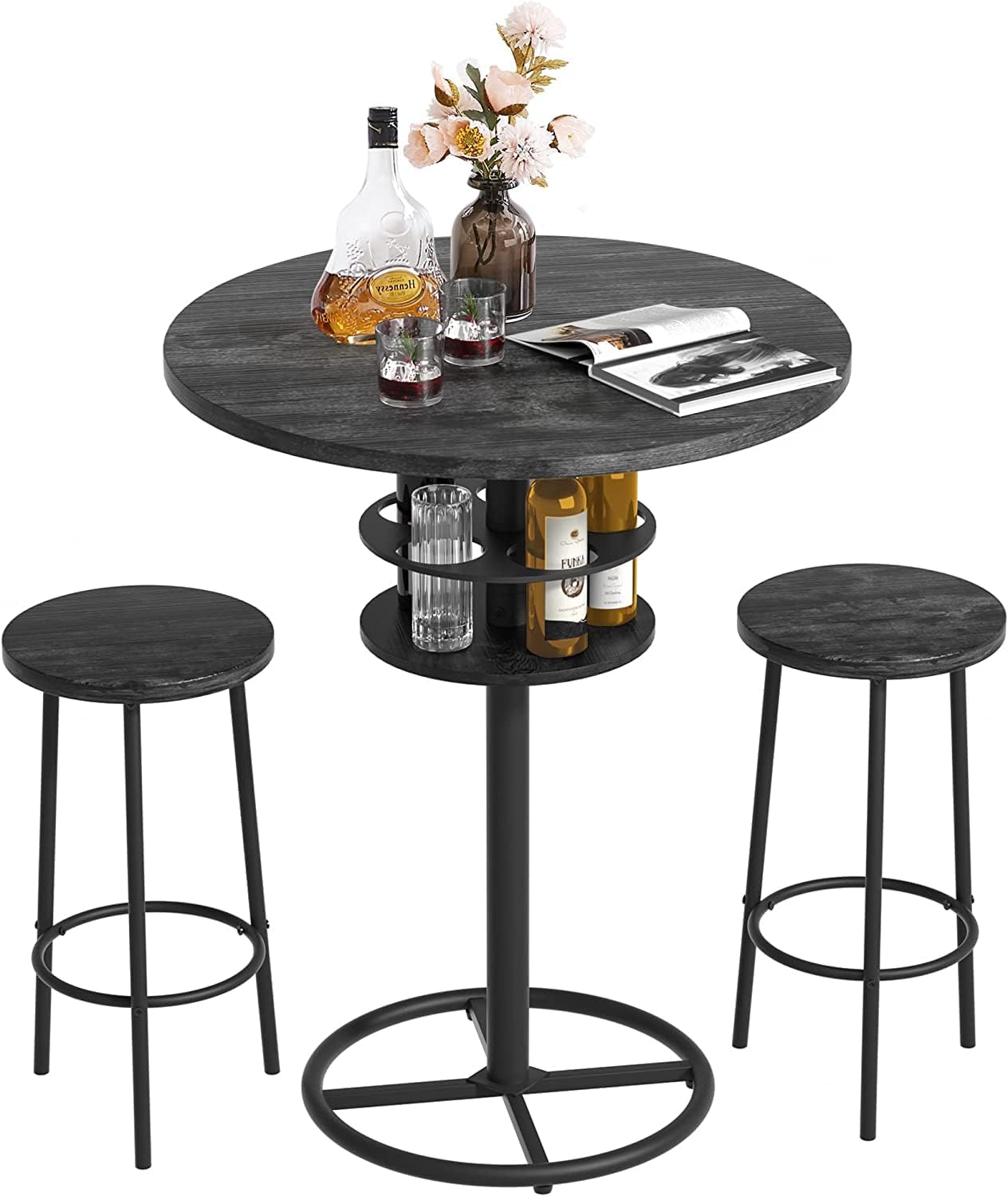 VECELO 3 Piece Bar Table Set, Small 2-Tier Round Pub Table with Barstools