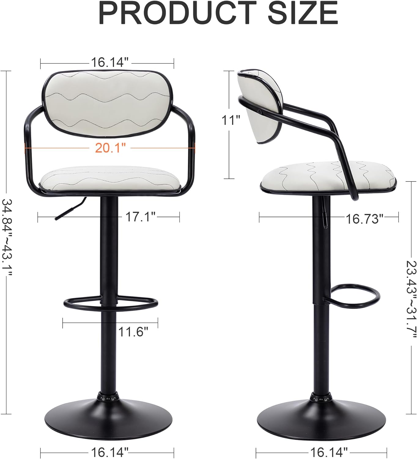 VECELO Bar Stools Set of 2, Adjustable Counter Height Barstools with Back and Arm