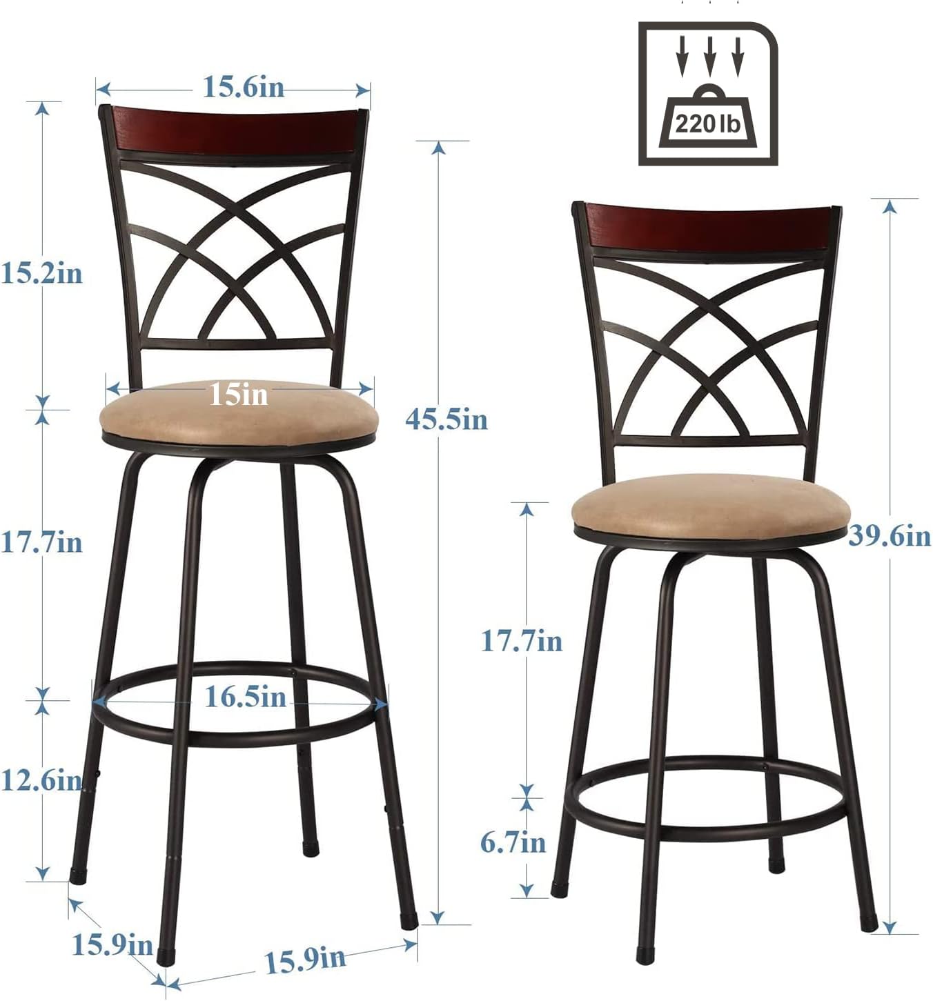 VECELO Adjustable Bar Stools with 360 Degree Swivel Round Seat Cushions and Wood Top Rail Backrest Set of 2