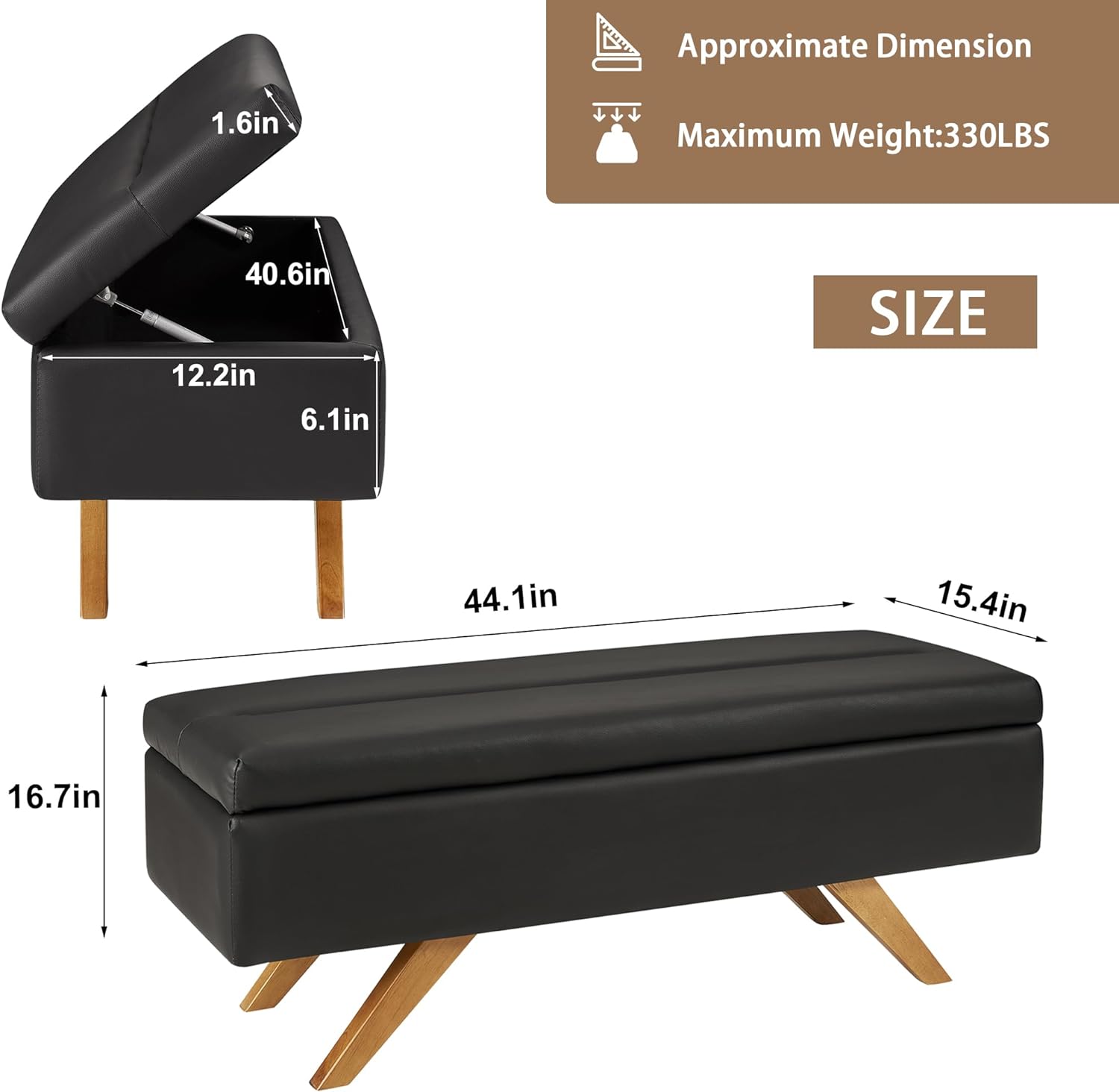 VECELO PU Leather Ottoman Bench with 6.1-inch Storage Space