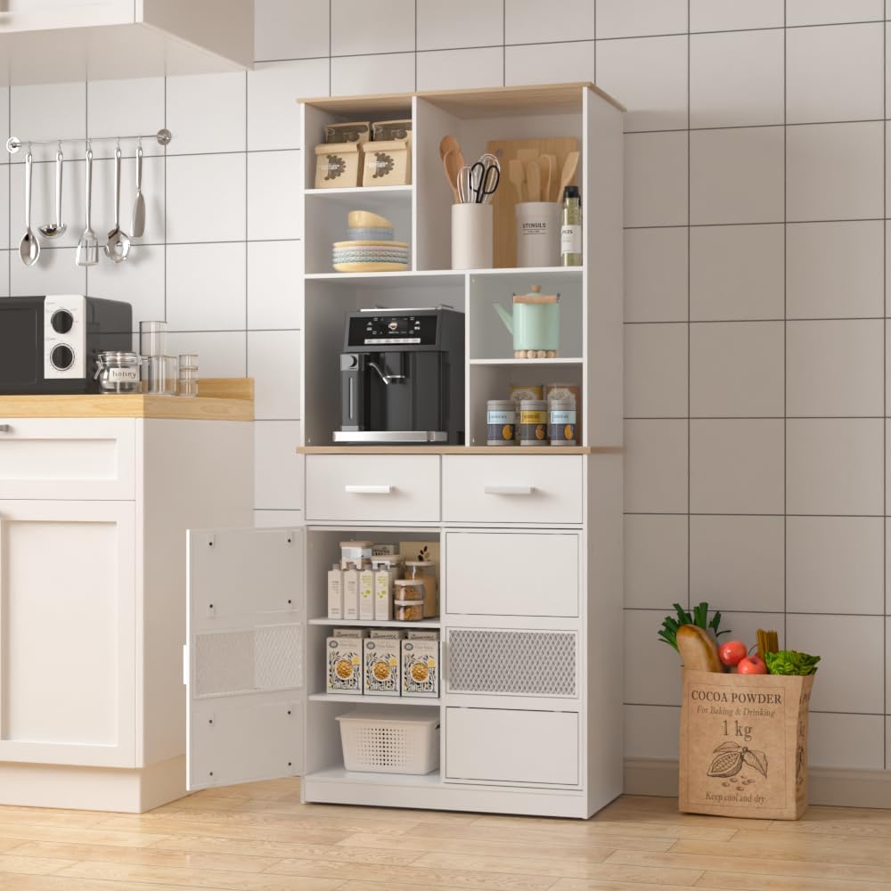 VECELO Floor Storage Cabinet 72" Free Standing Kitchen Pantry Buffet Cupboard with Multi Open Shelves and 2 Drawers