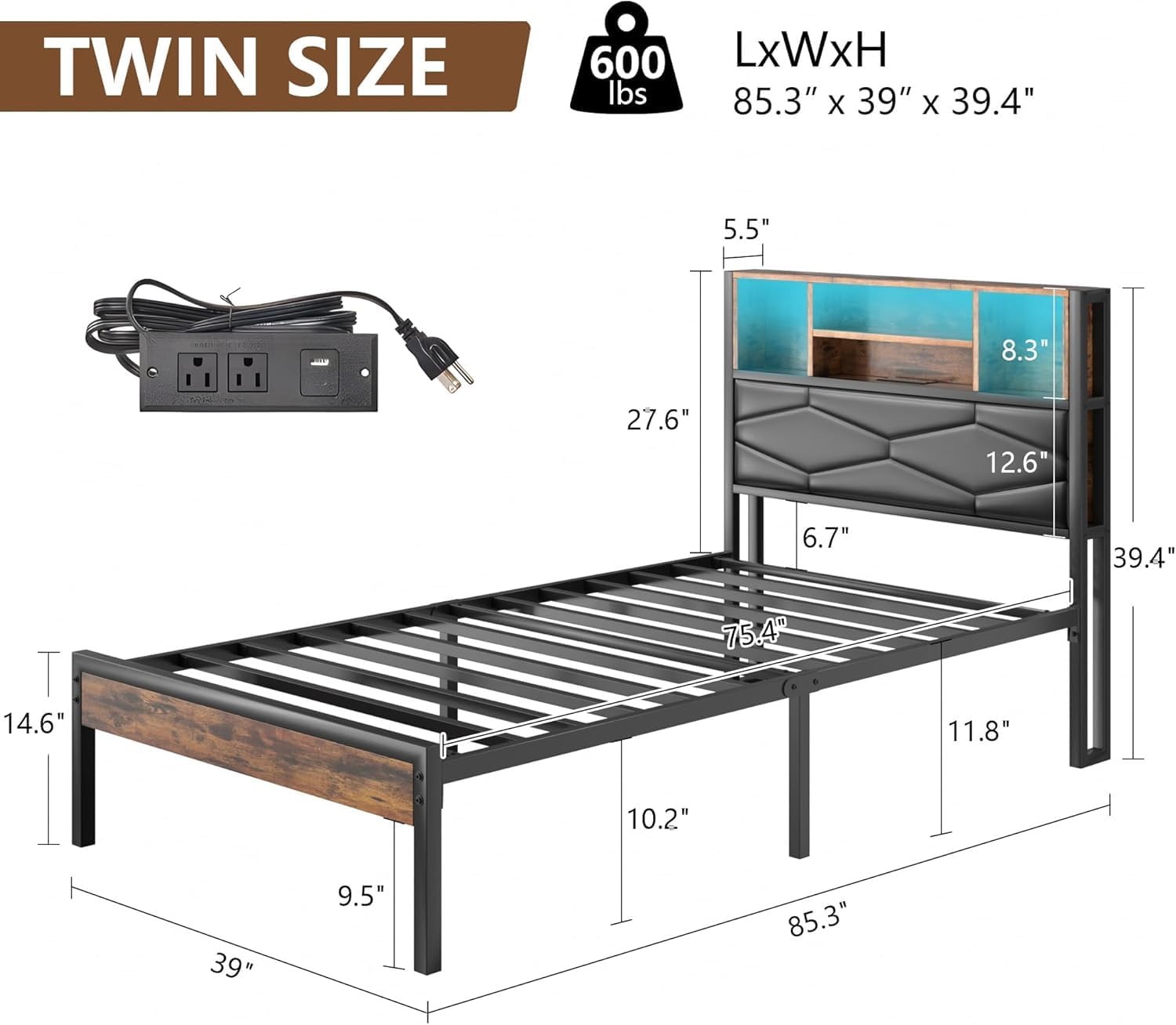 VECELO Bed Frame with 2-Tier Storage Headboard and Charging Station