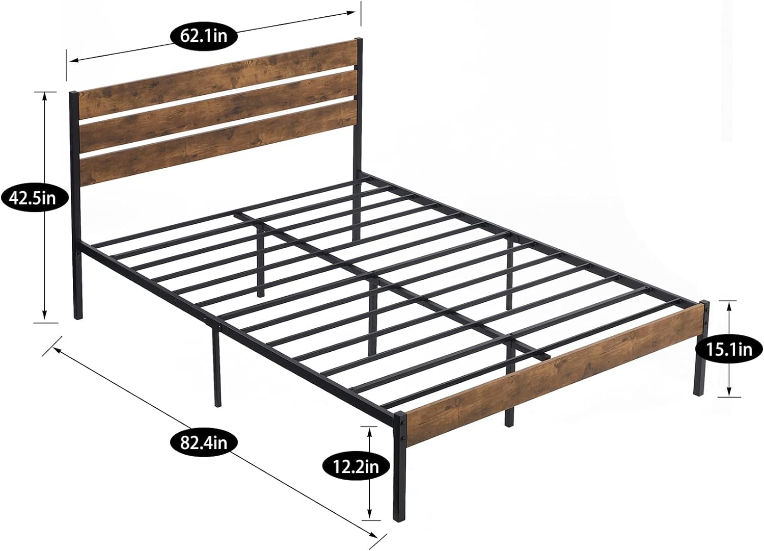 VECELO Platform Bed Frame with Rustic Vintage Wood Headboard/Strong Metal Slats Support