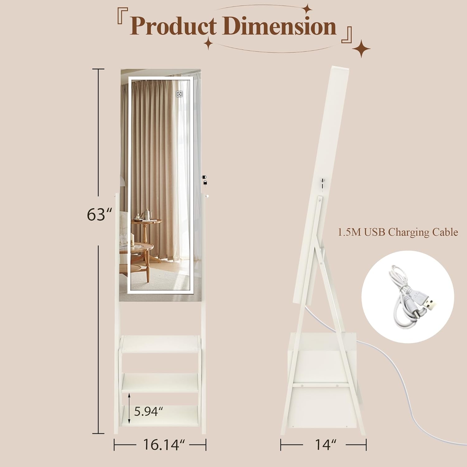 Jewelry Cabinet Armoire with Adjustable LED Lights